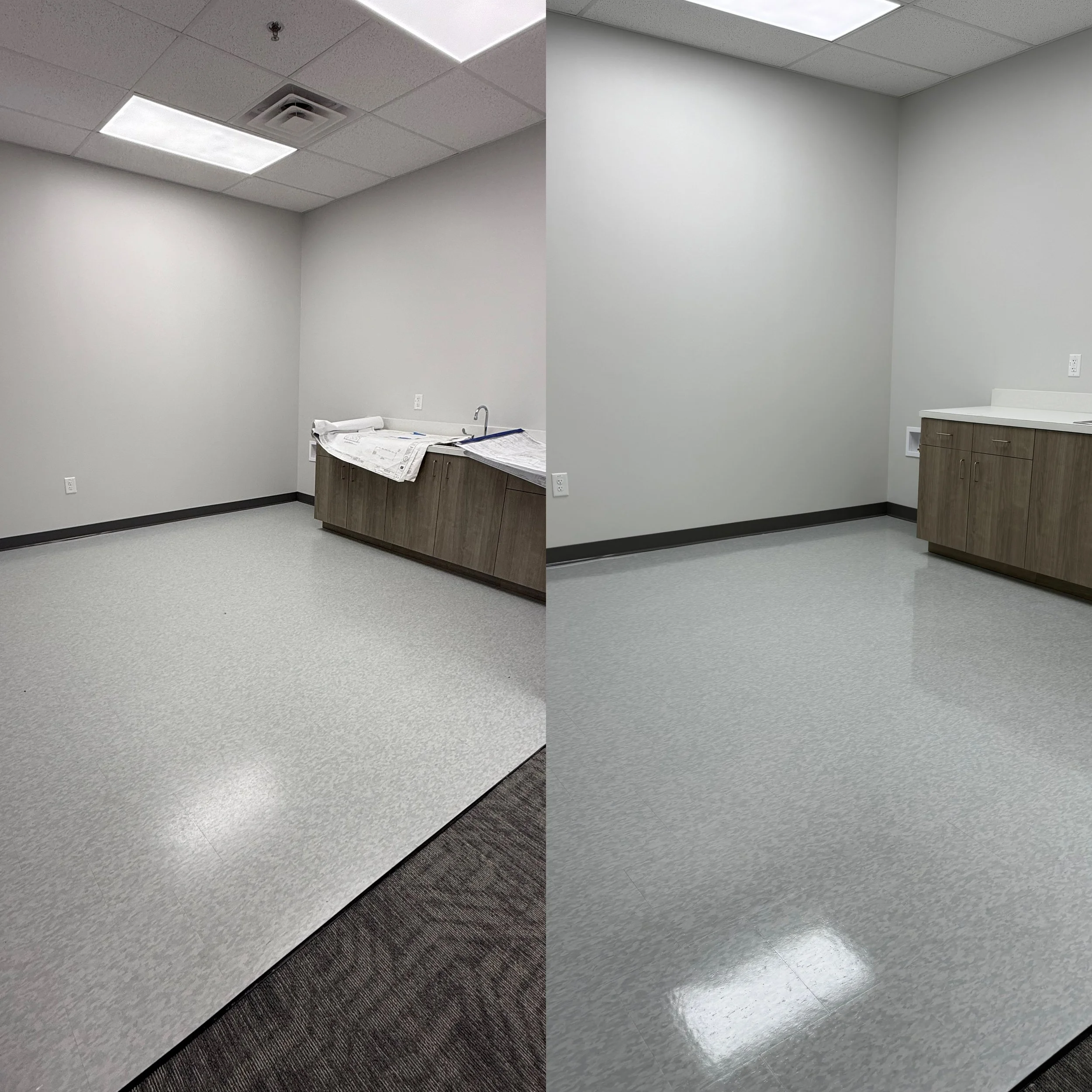 Split image showing a before and after view of an empty room. The left side has a slightly darker mat flooring and some construction materials on a cabinet. The right side has new lighter flooring without materials.