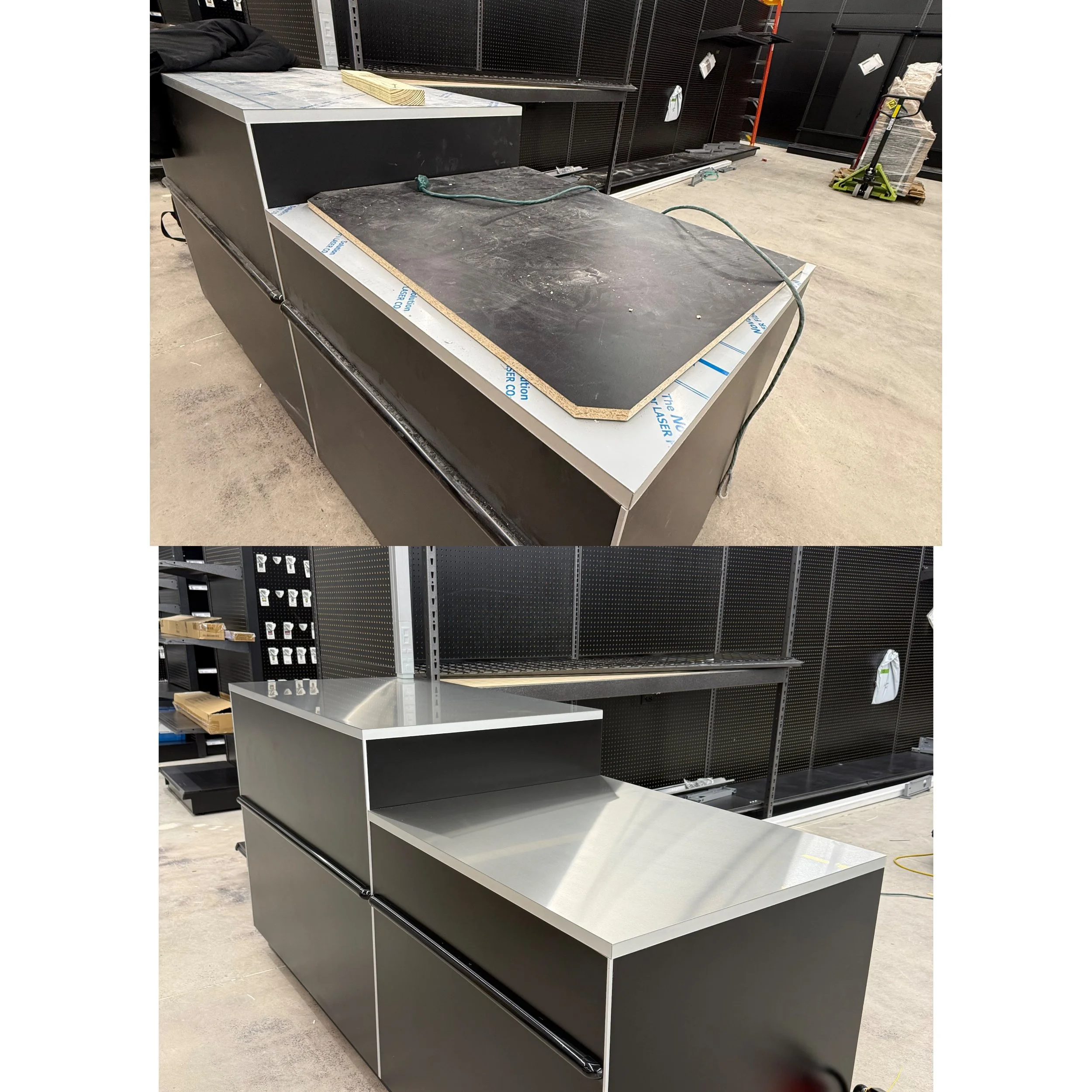 Before and after images of a stainless steel commercial kitchen counter or workspace. The top image shows the workspace in a worn, dirty condition with a black surface and some loose tools. The bottom image shows the same workspace after cleaning or 