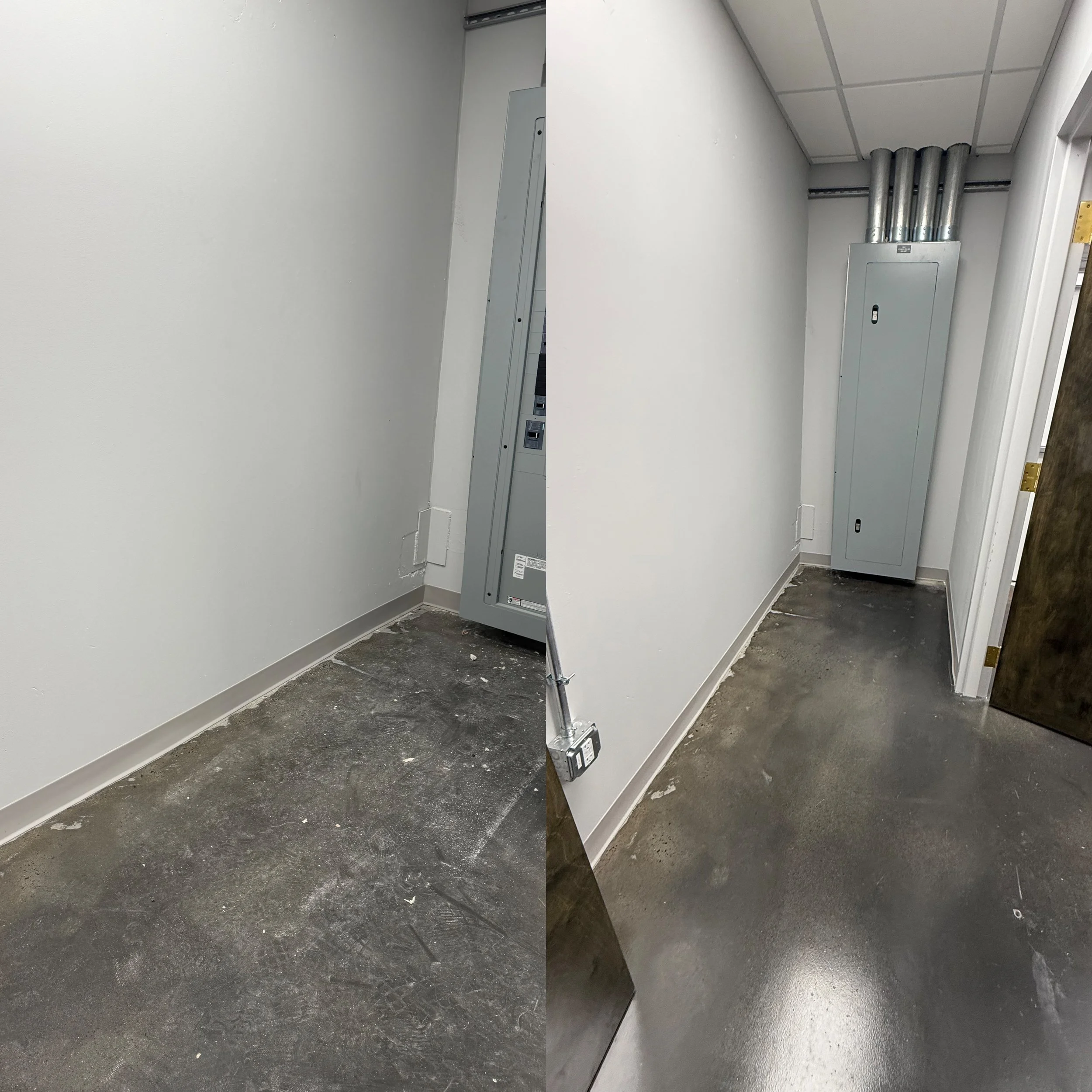 Comparison of a dirty, unfinished floor section and a cleaned, finished section in a utility room with electrical panel and conduit.