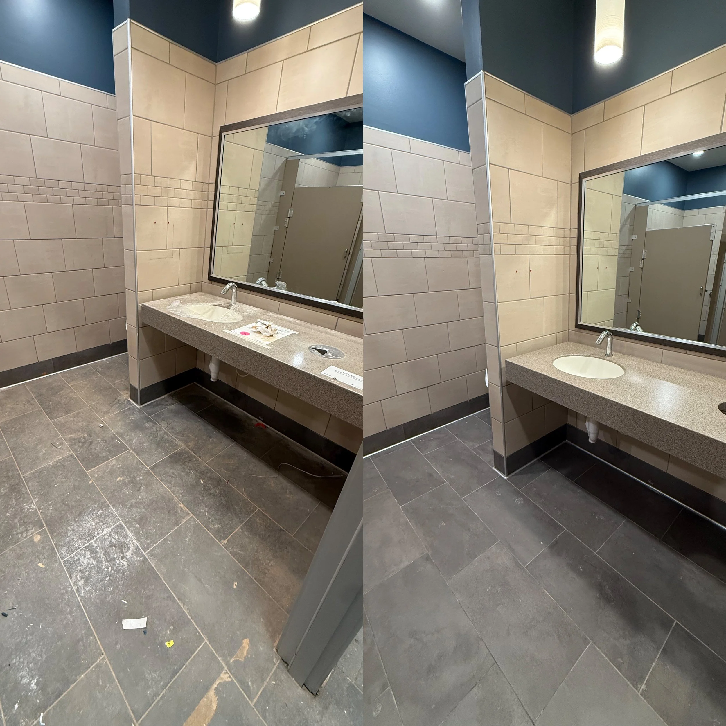 Comparison of bathroom sink area before and after cleaning or renovation, showing cleaner floor and countertop in the after photo.