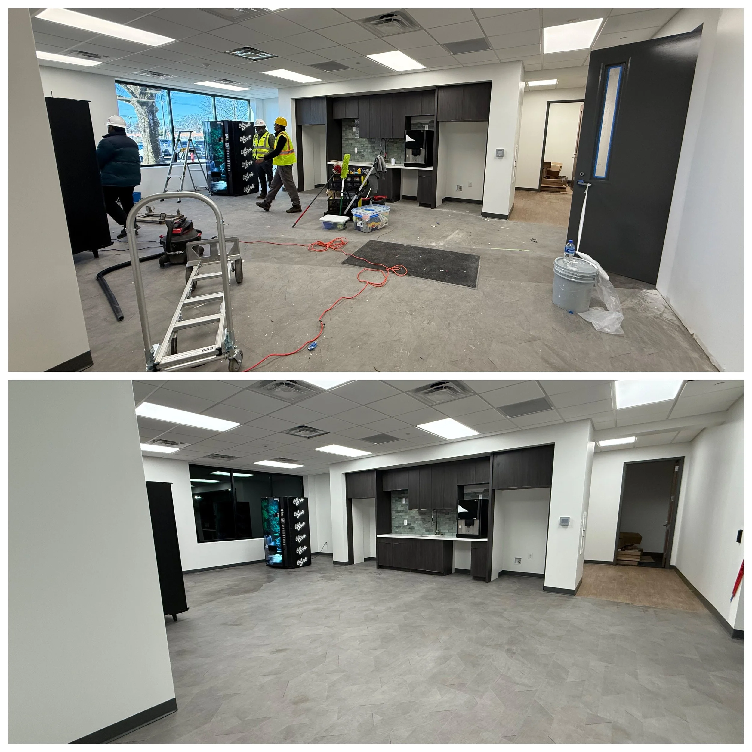Before and after photos of an office space renovation, showing new flooring and updated interior.