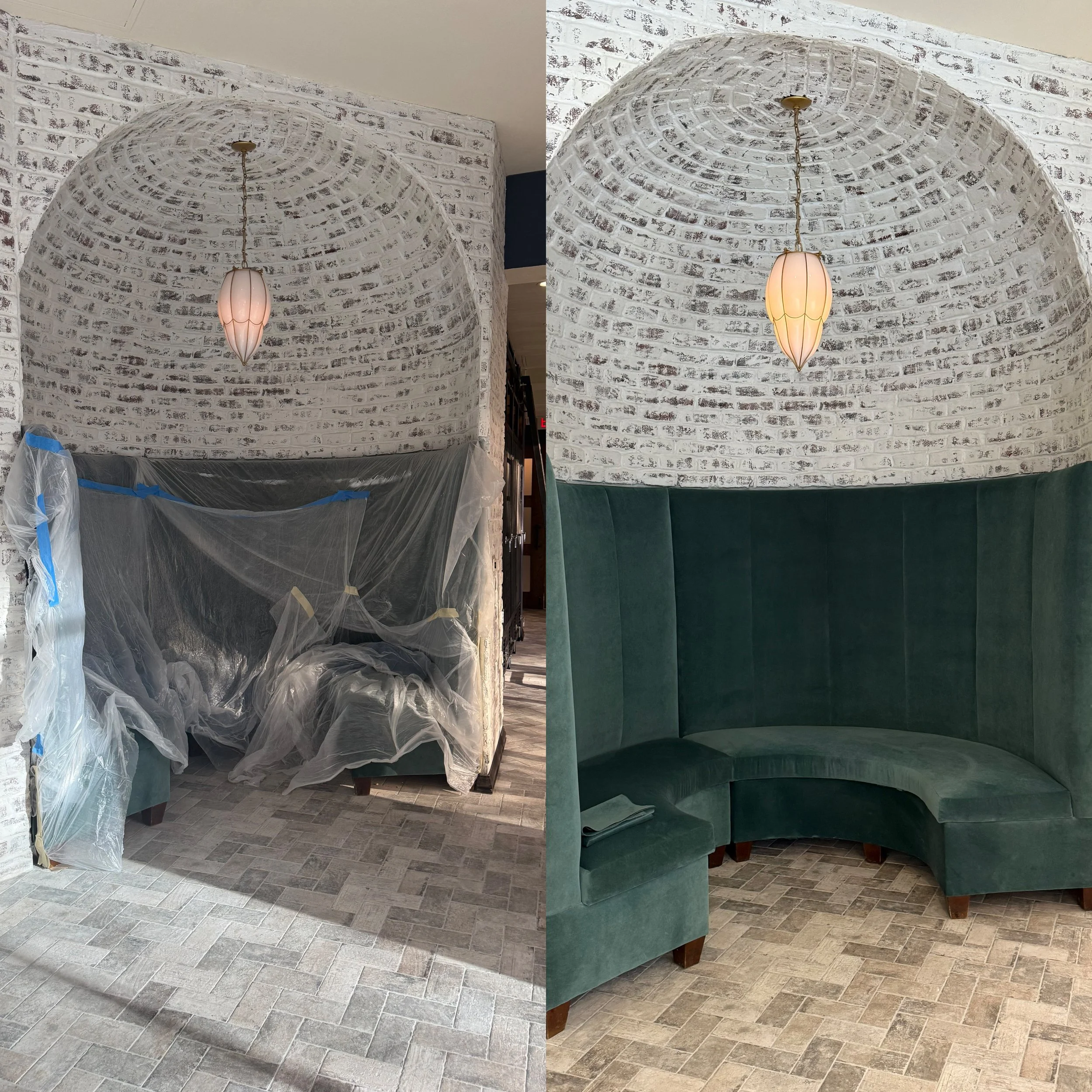 Side-by-side photos of a semi-circular booth under renovation. The left shows the booth covered with protective plastic, while the right shows the completed booth with green velvet upholstery against a white brick wall with a hanging pendant light.
