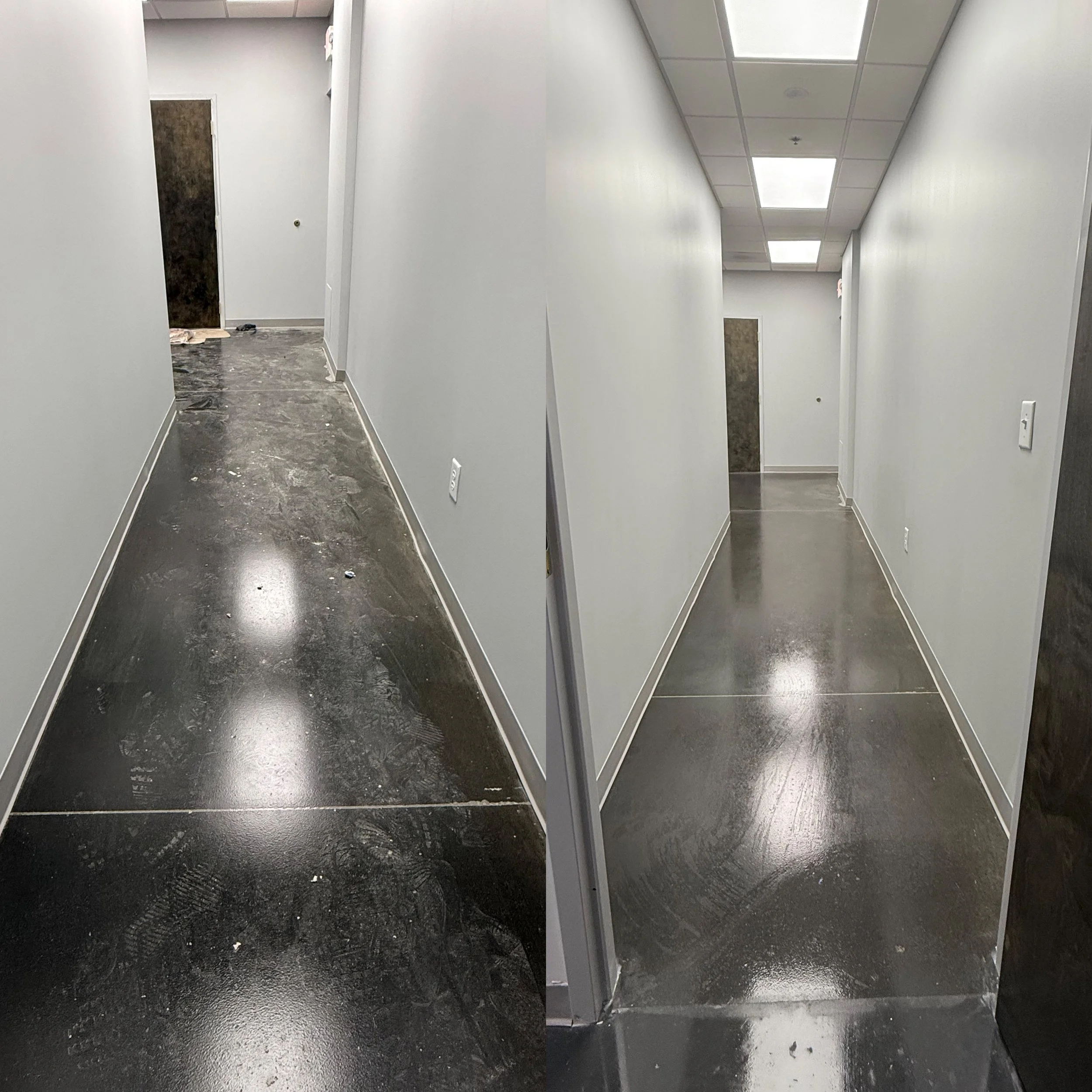 Two hallway images showing a clean, shiny black floor with white walls and a ceiling with fluorescent lights. One hallway has a closed door.
