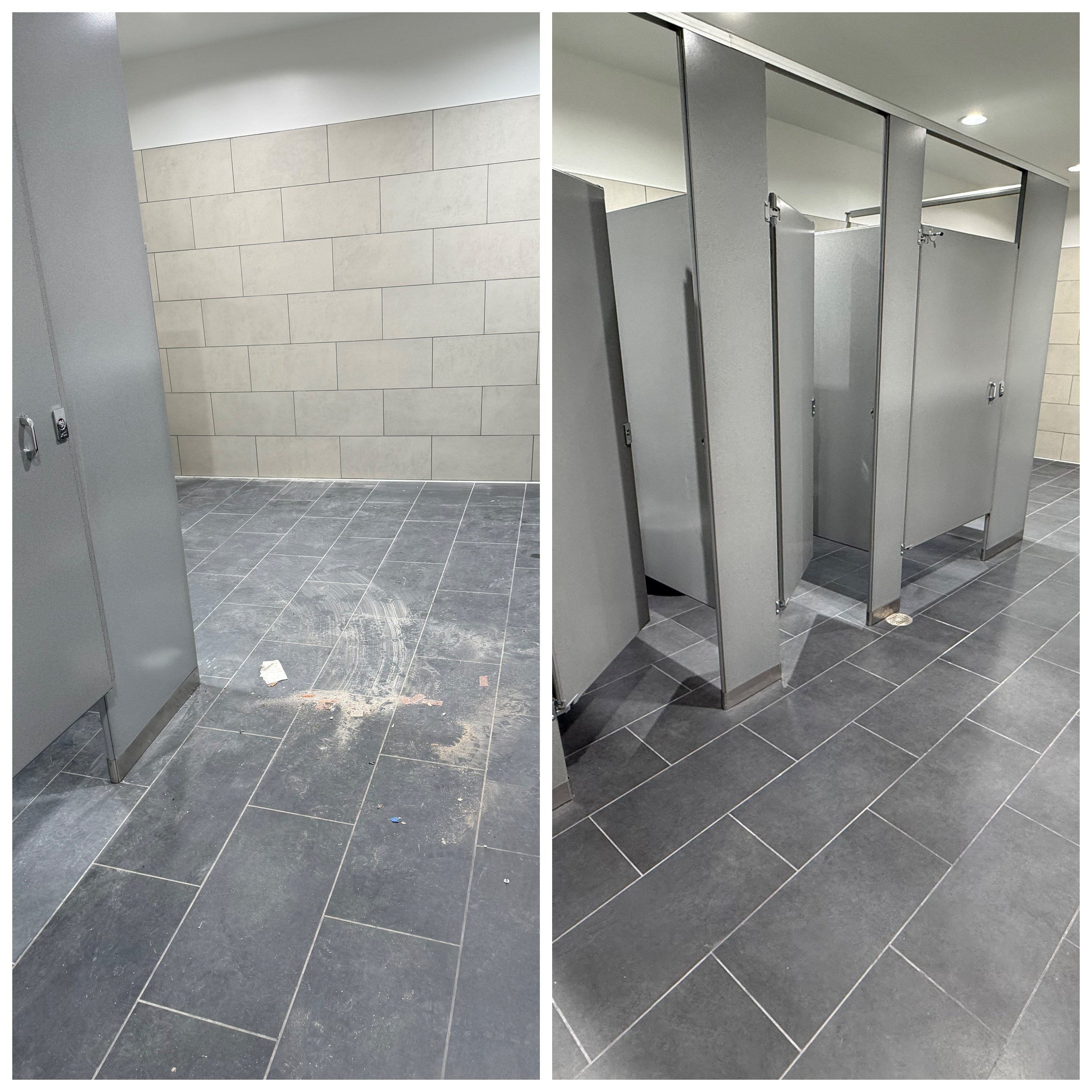 Side-by-side photos of a public restroom. The left shows a dirty floor with debris, while the right shows a cleaned, empty restroom with stalls and clean tiled floor.