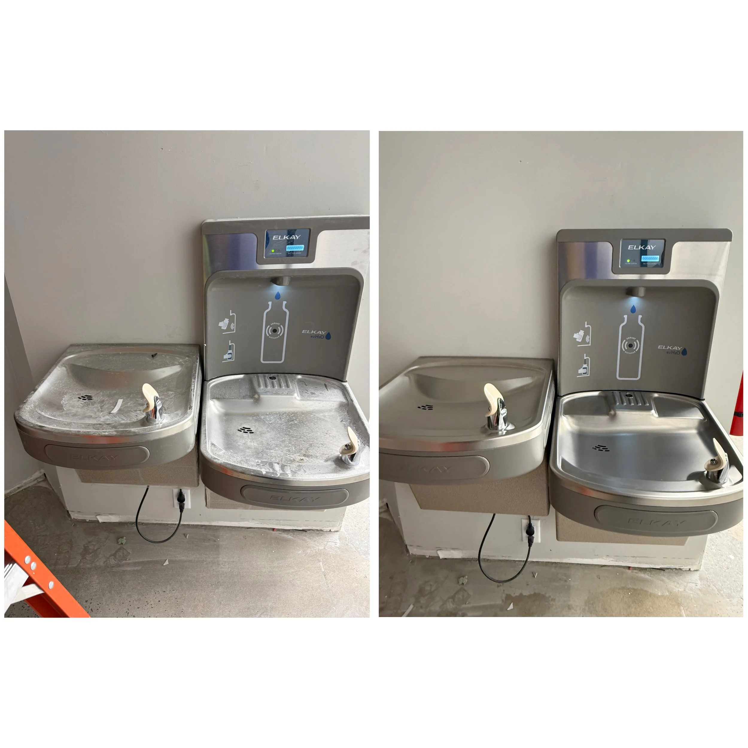 Comparison of water fountains before and after cleaning, the left side shows the fountain with ice and dirt, and the right side shows the clean water fountain.