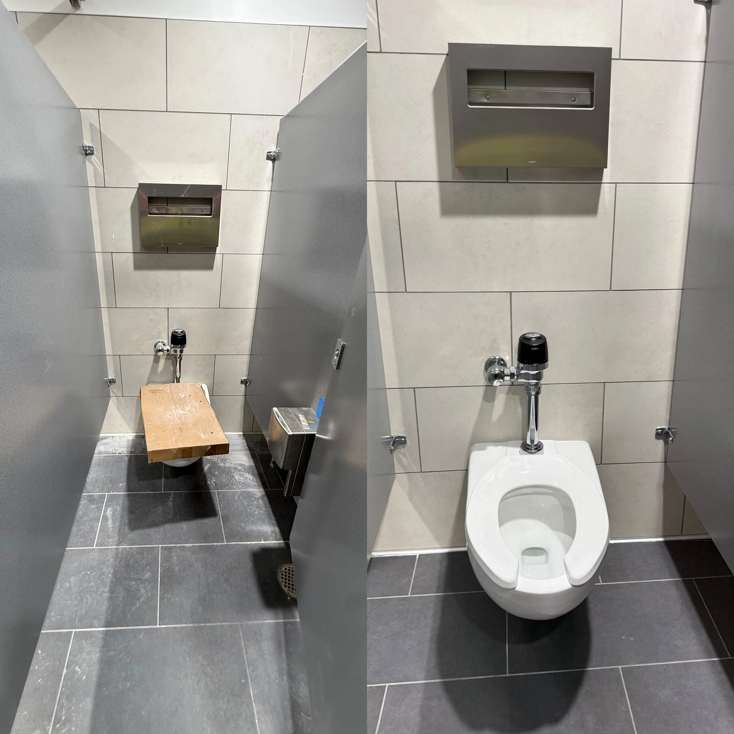 Side-by-side images of a public restroom stall, one showing a wooden bench with a toilet and the other showing a toilet with a flush tank mounted on a tiled wall.