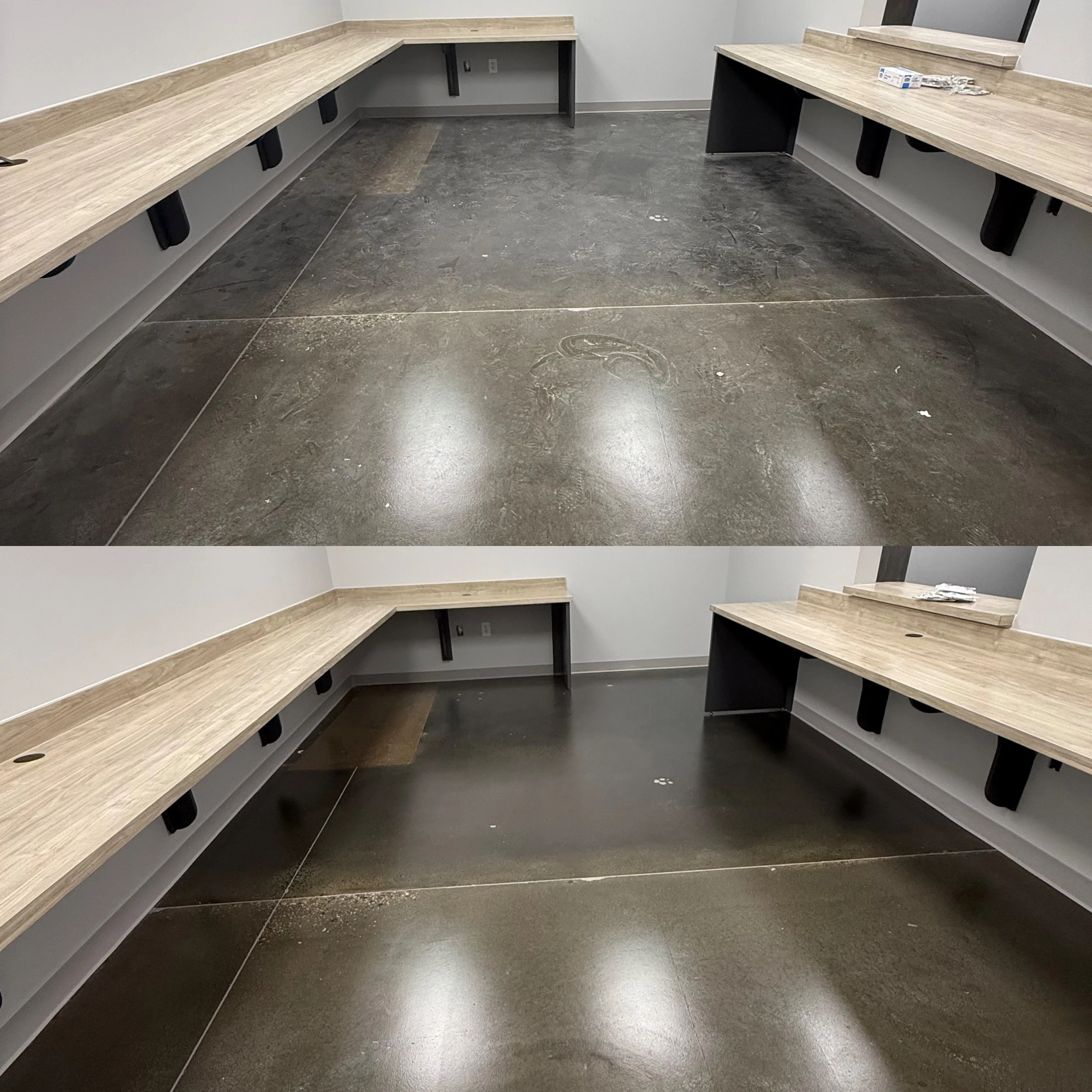 Before and after photos of an office space with a corner desk and concrete floor. The top image shows the flooring with dust and footprints. The bottom image shows the floor cleaned and polished.