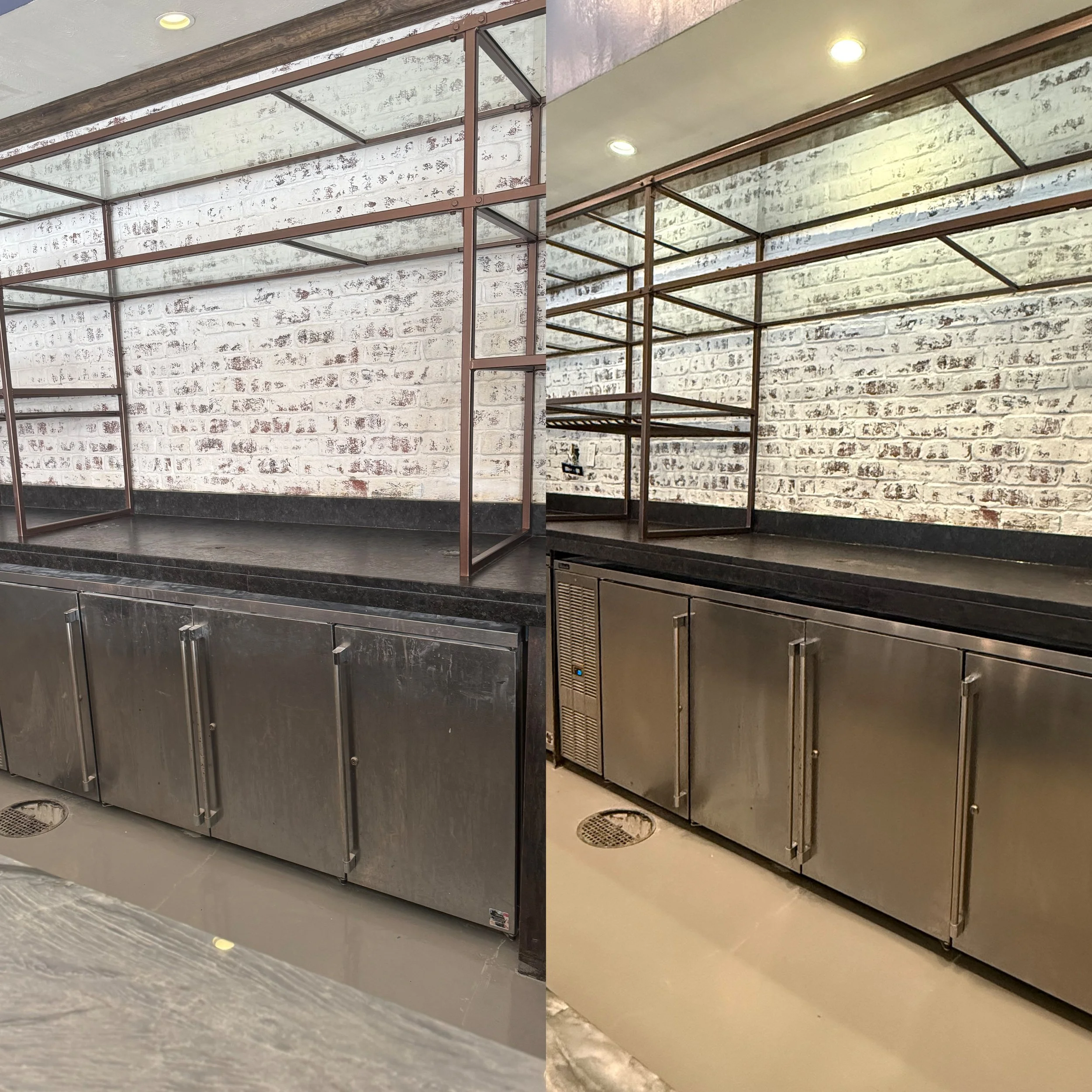 Side-by-side comparison of a kitchen workspace, showing before and after cleaning or renovation. The left side has a black countertop and a dated metal cabinet, whereas the right side has a cleaner, stainless steel cabinet with a more polished appear
