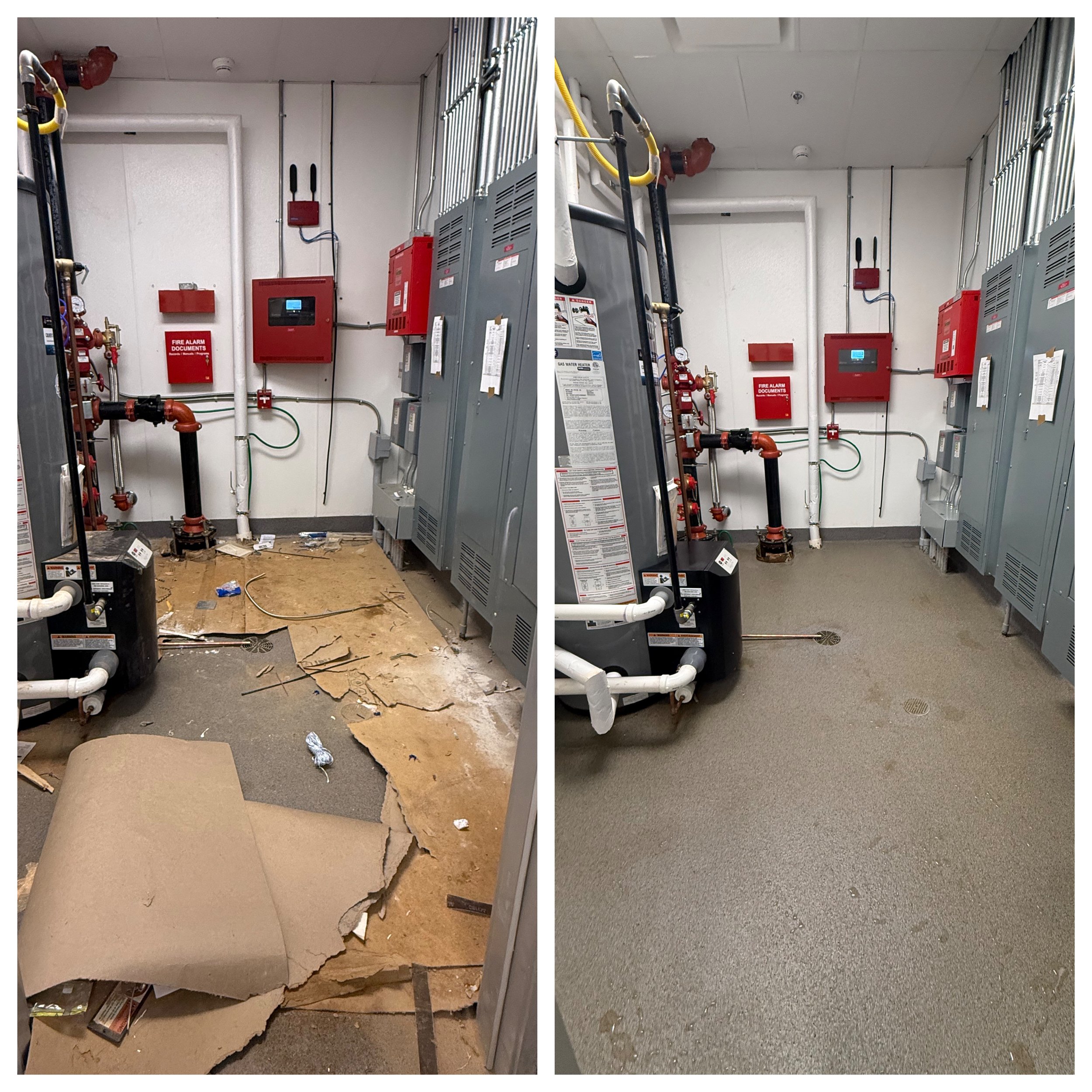 A side-by-side comparison of a utility room before and after cleanup. The left shows a cluttered area with torn carpet and debris on the floor, while the right shows a cleaned and tidy room with intact flooring.