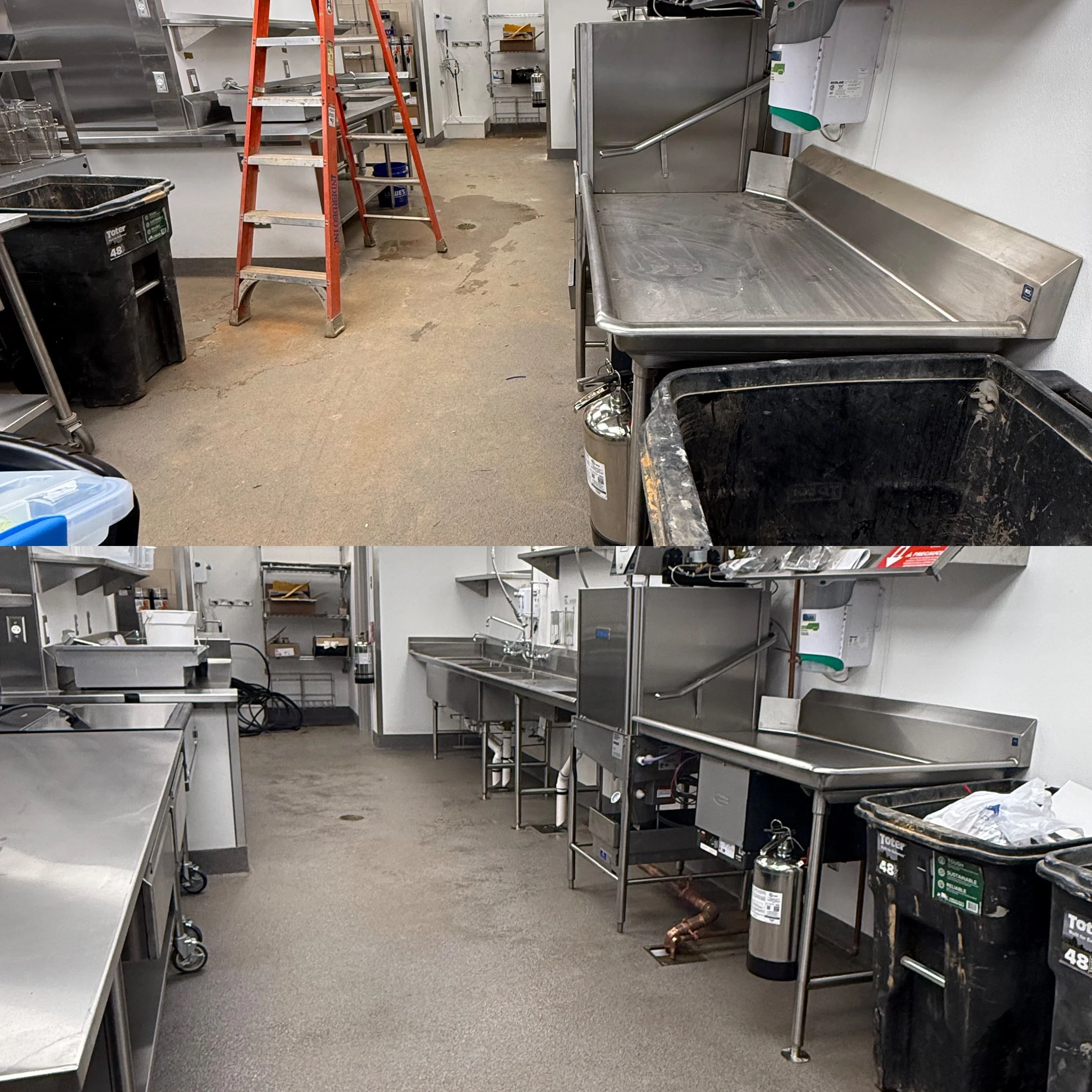 Clean commercial kitchen with stainless steel sinks, counters, and a red step ladder.