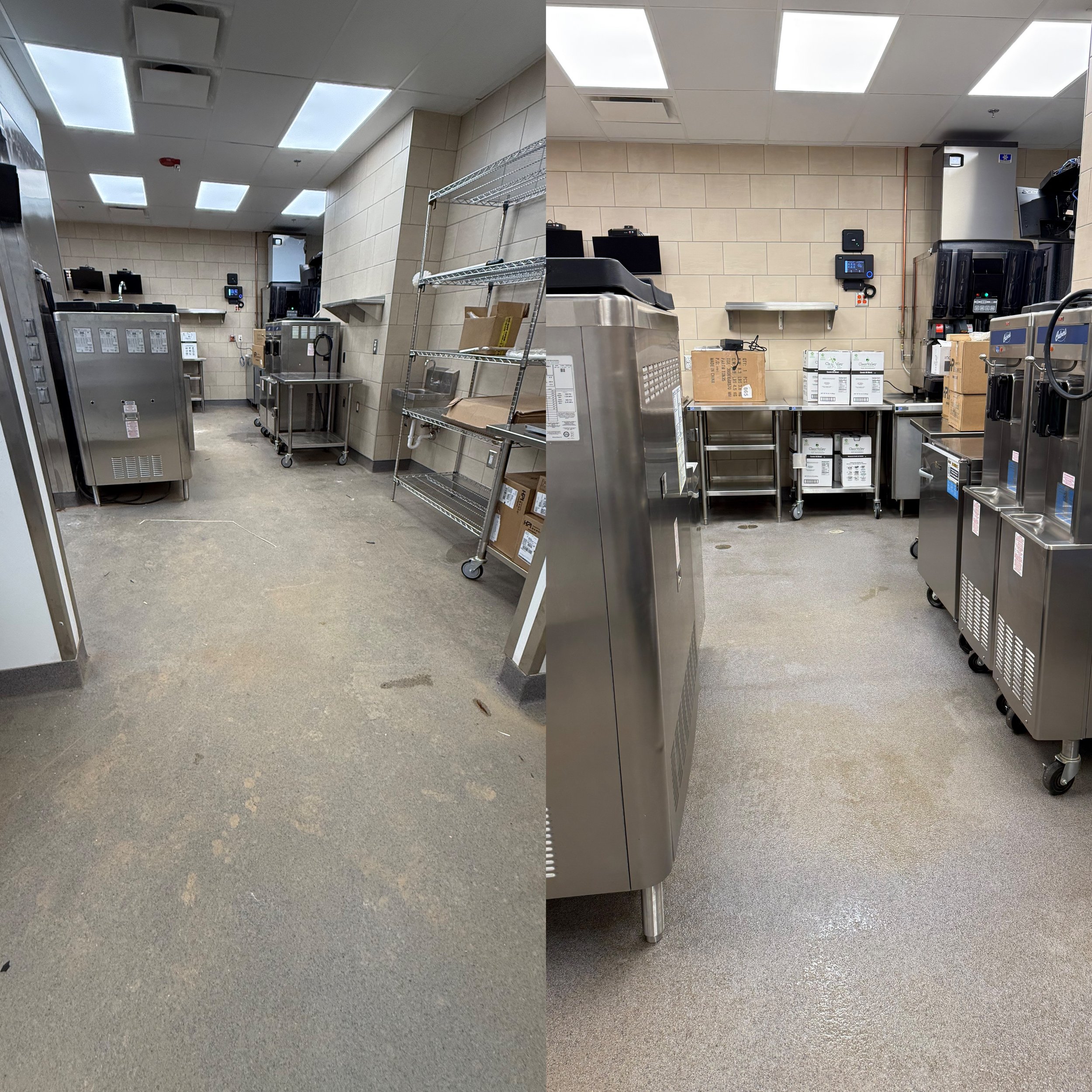 Comparison of two kitchen or food service areas with metal appliances and shelving units, showing differences in cleanliness and organization.