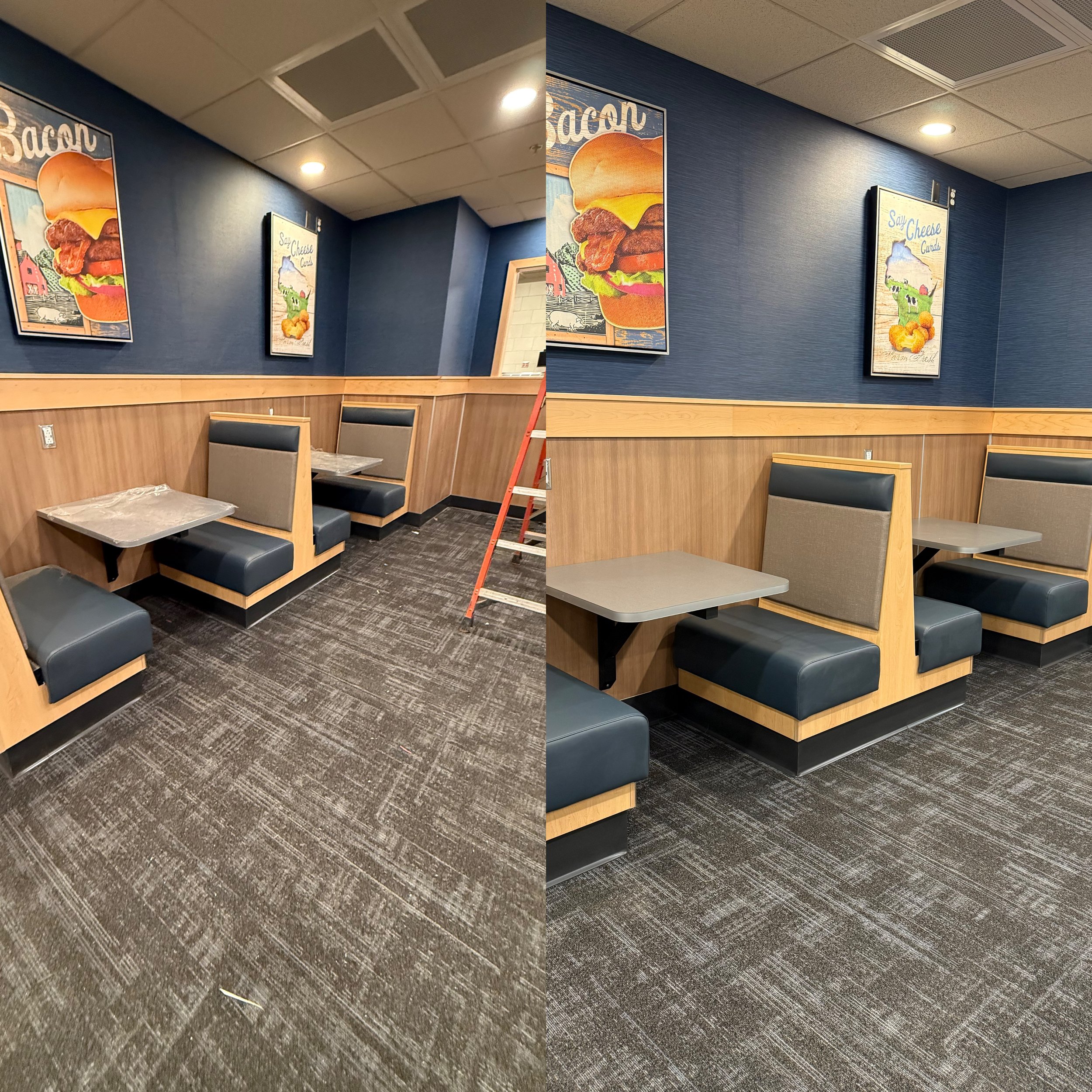 Side-by-side images of a restaurant booth seating area showing renovation progress. The left image shows booths with plastic covering on the tables and a ladder, while the right image shows the booths after cleaning and renovation, with clear tables 
