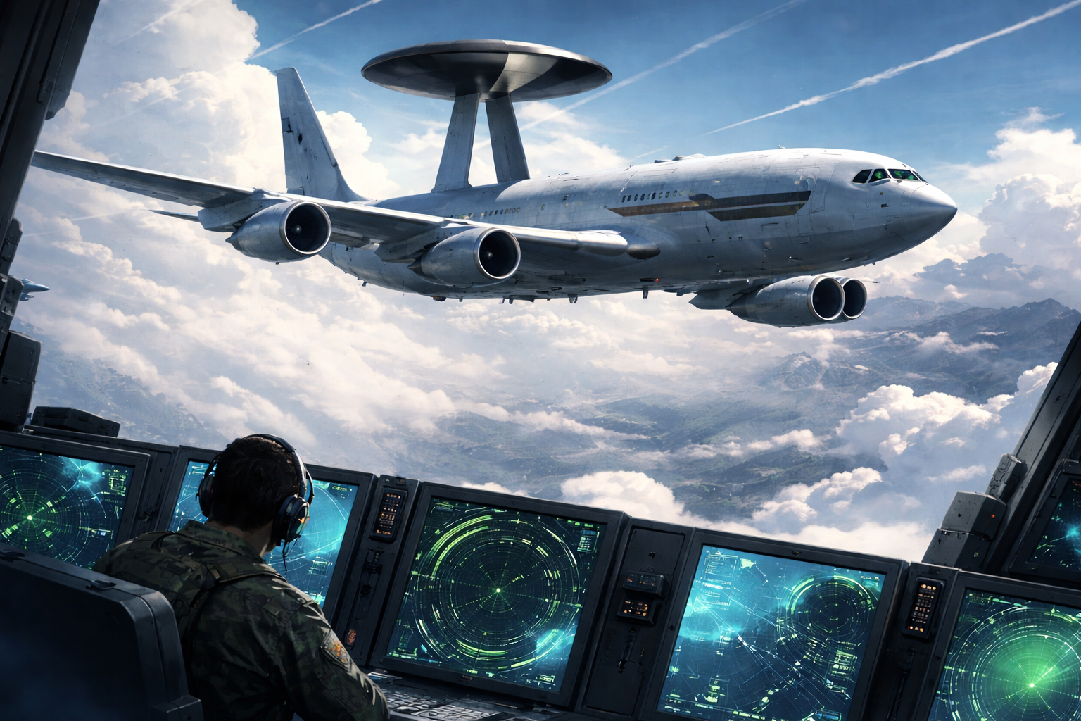 Military pilot in cockpit monitors approaching aircraft with radar displays