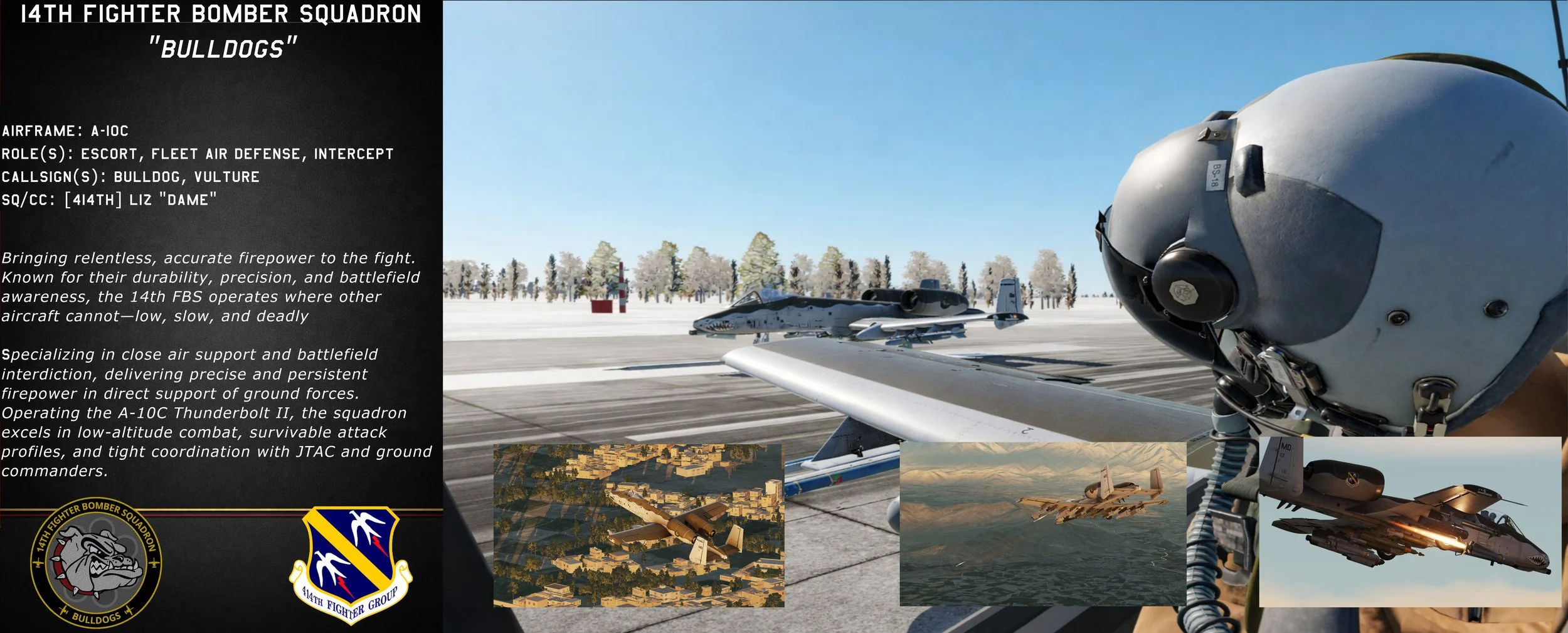 Photograph of a pilot arm holding a helmet on an aircraft carrier runway with a fighter jet in the background. On the left side, an informational graphic about the 14th Fighter Bomber Squadron, called Bulldogs, with details about their aircraft and operations. Three smaller images at the bottom show the fighter jet from different angles, including aerial views and in-flight shots.