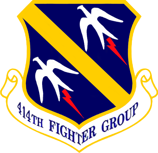 Military crest with two fighter jets crossing, lightning bolts, and a banner that reads '414th Fighter Group'.