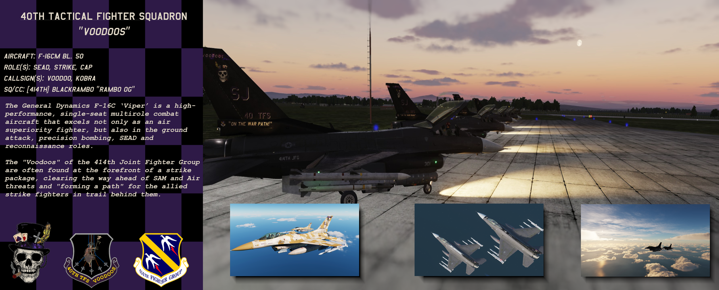 Lineup of four F-16 fighter jets parked on a runway during sunset, with information about the 40th Tactical Fighter Squadron's 'Voodoo' aircraft on an overlay text box, and three smaller images of military aircraft below.