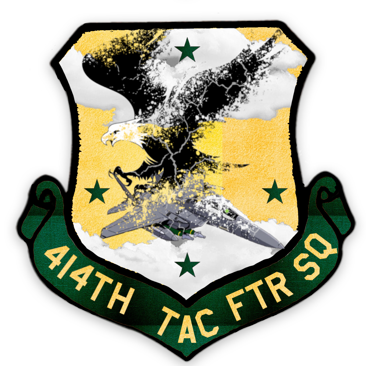 Emblem of the 414th Tactical Fighter Squadron featuring an eagle's head and tail, a globe with a fighter jet, four green stars, and a green banner with yellow text.