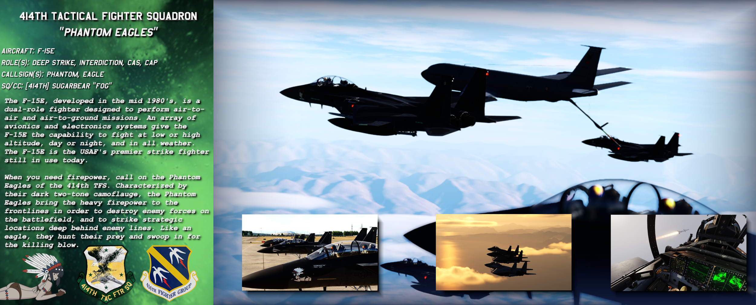 A poster featuring the 414th Tactical Fighter Squadron Phantom Eagles with images of F-15E fighter jets in flight, on the ground, and in the cockpit, along with Squadron logos and descriptive text about the aircraft and its role.