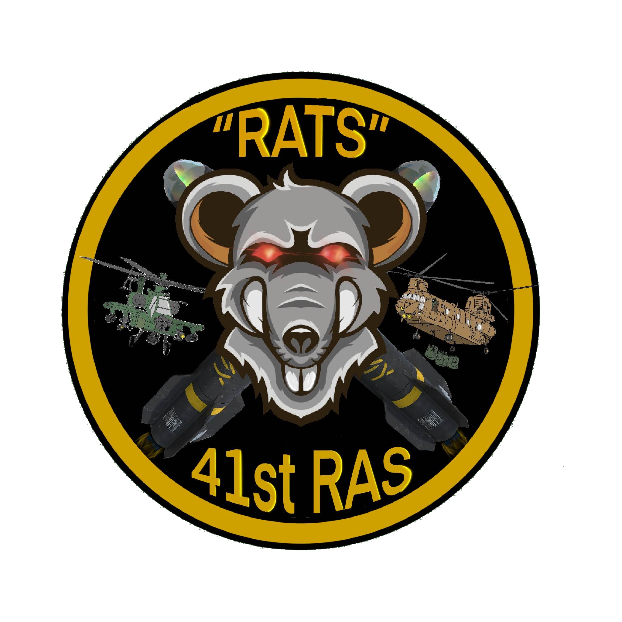 Military patch with a rat's face in the center, flanked by helicopters, missiles, and the text 'RATS' and '41st RAS' in yellow.