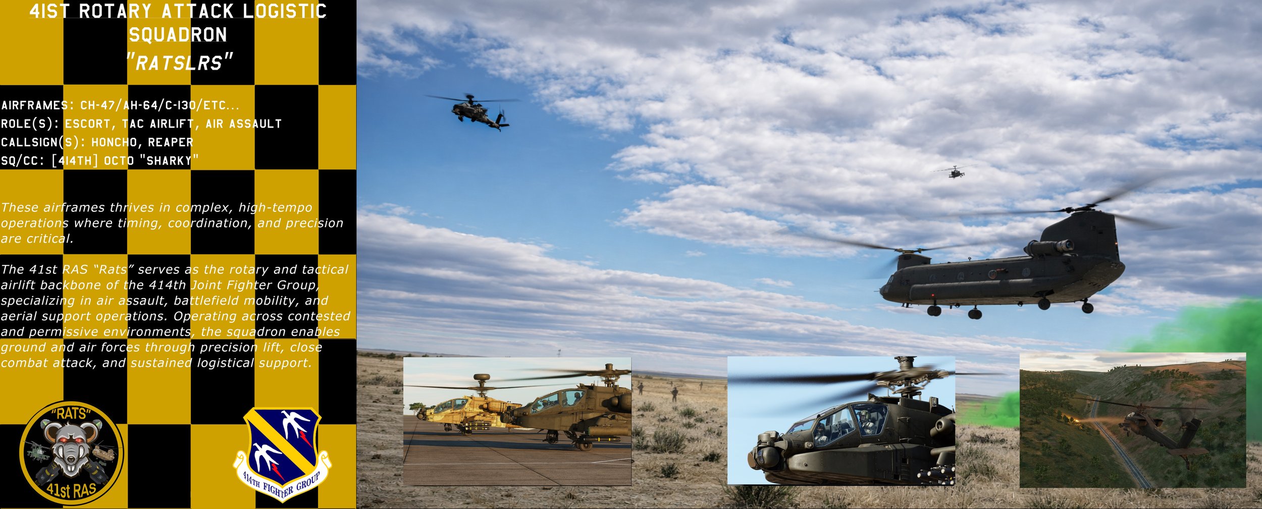A military aircraft training scene featuring a black tandem helicopter flying in the sky, a yellow and black attack helicopter parked on the ground, and two smaller helicopters in flight, with a background of clouds and desert terrain.