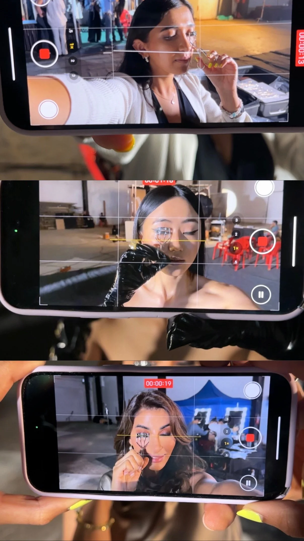 Three women, each taking a selfie at an outdoor event, with a backdrop of tables, chairs, and tents.