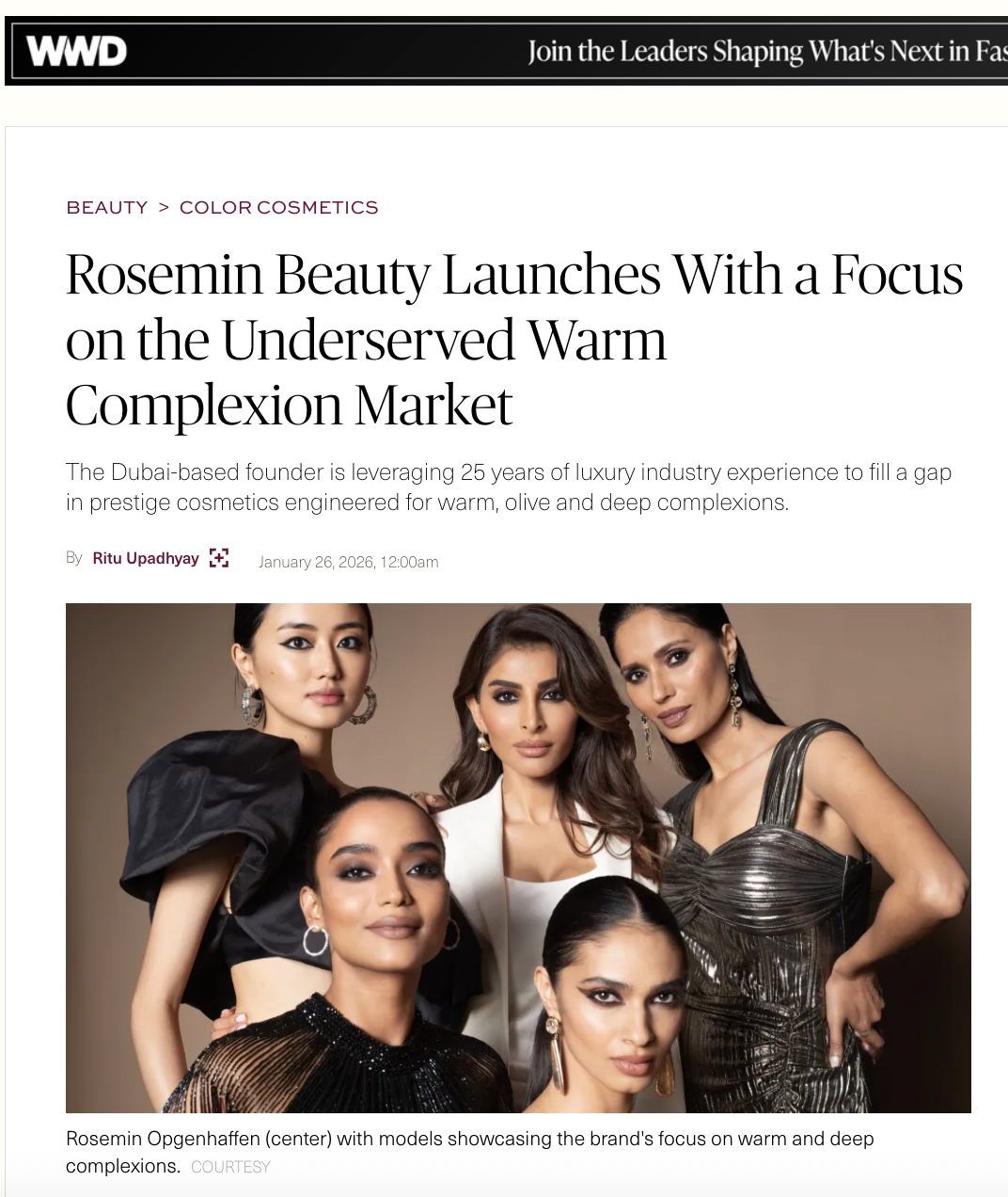 Group of five women models showcasing beauty products for a brand, with a focus on warm and deep complexions.