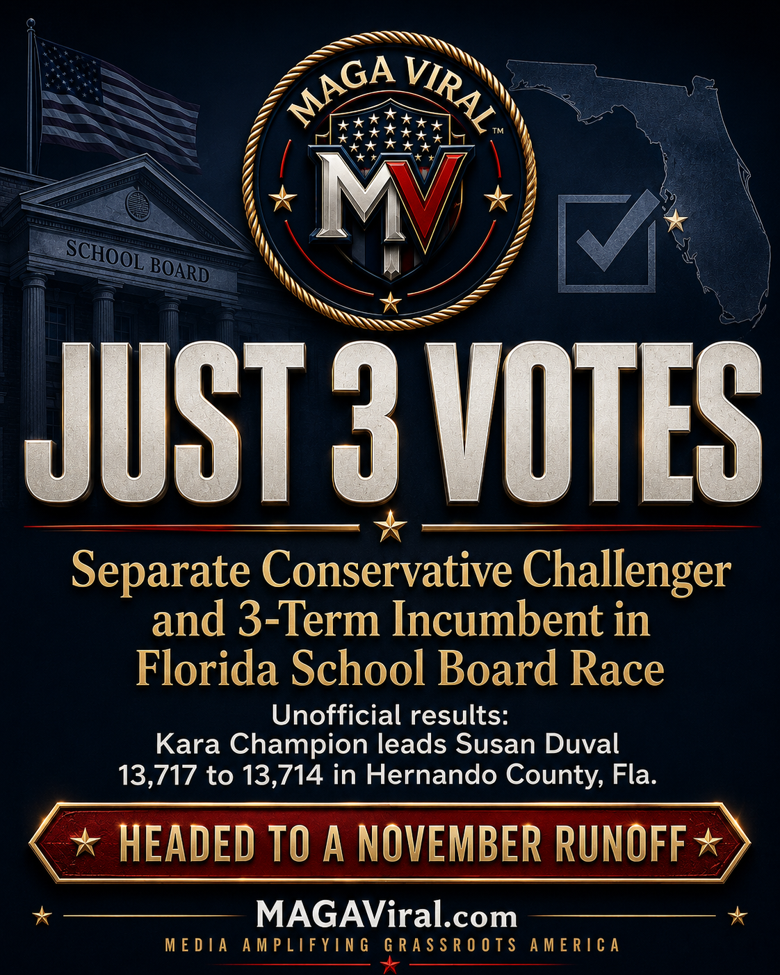 JUST 3 VOTES Separate Conservative Challenger and 3-Term Incumbent in Florida School Board Race