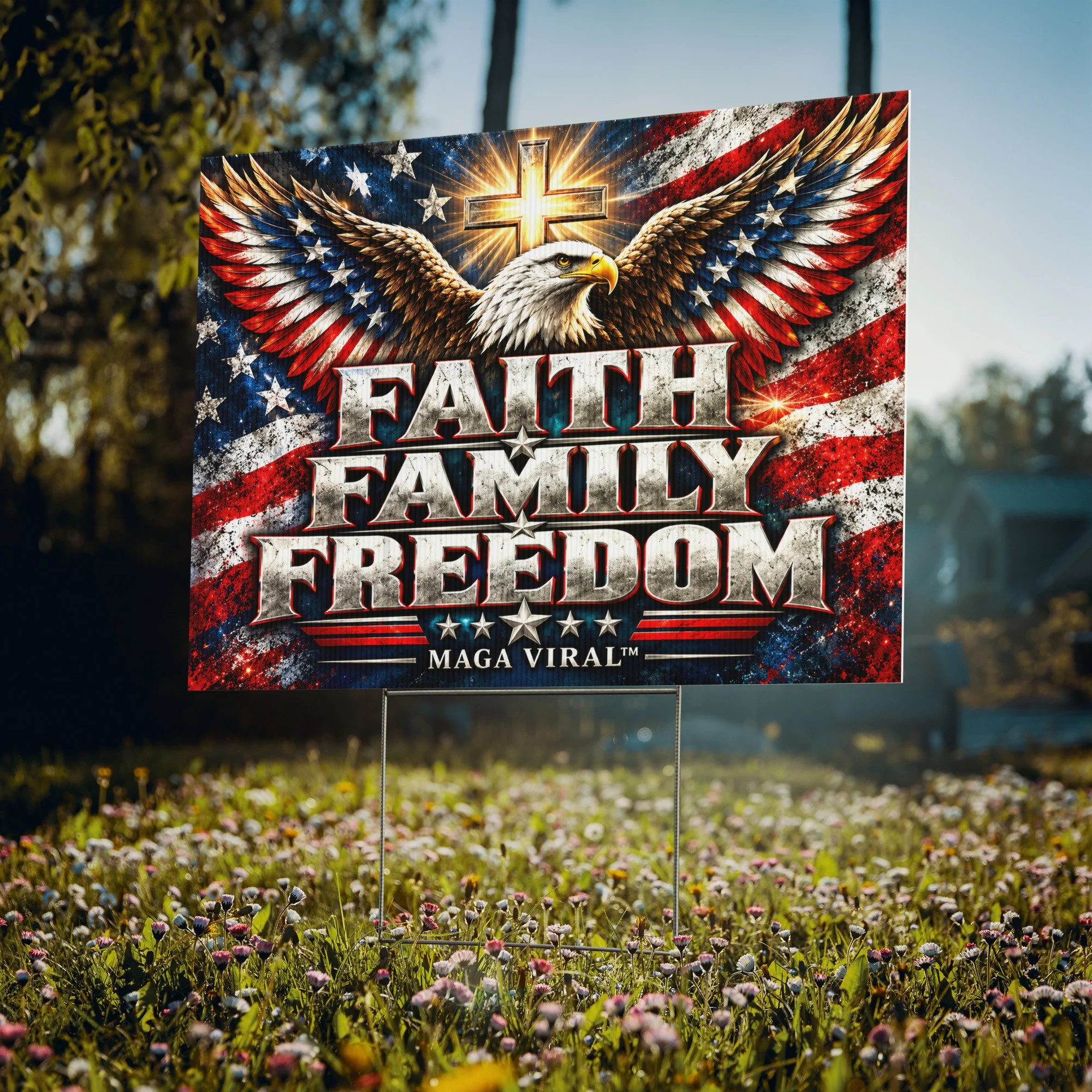 MAGA Viral™ | Faith Family Freedom | Double-Sided Patriotic Yard Sign