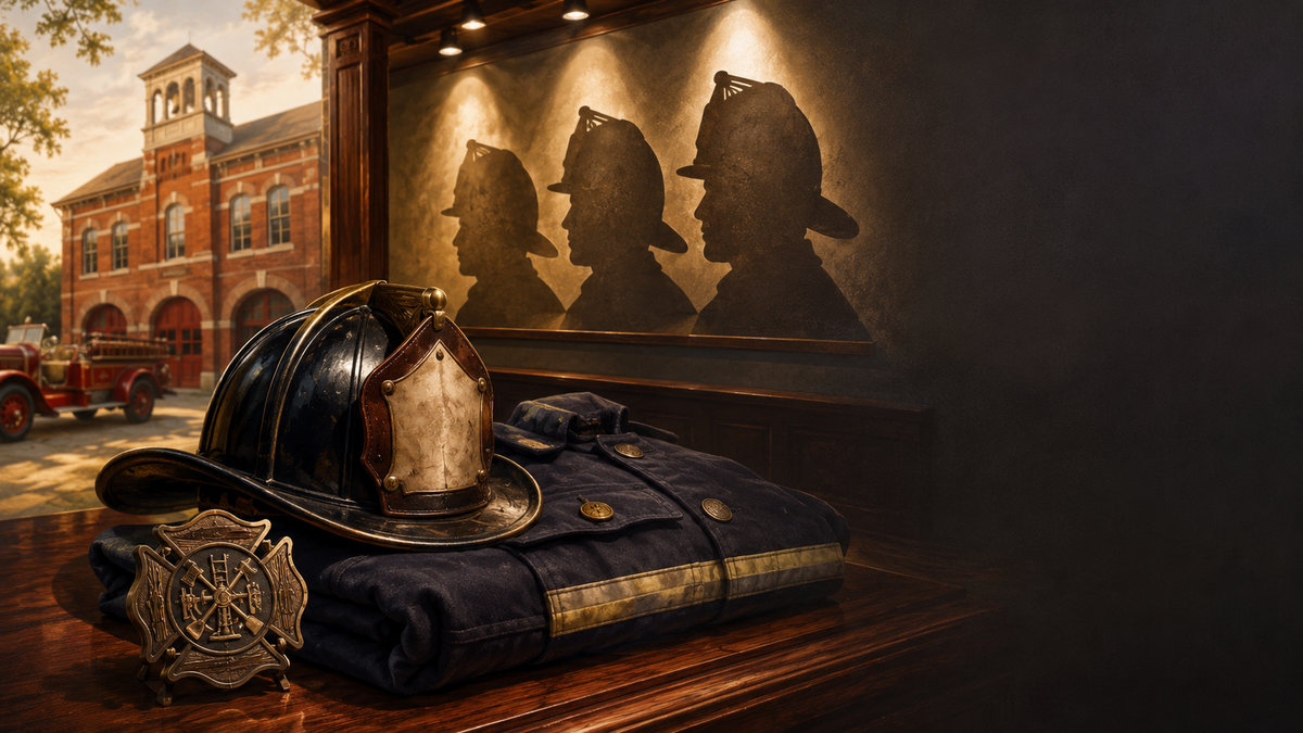 Editorial illustration of vintage firefighter equipment displayed inside a community museum, with three firefighter silhouettes representing generations of volunteer service.