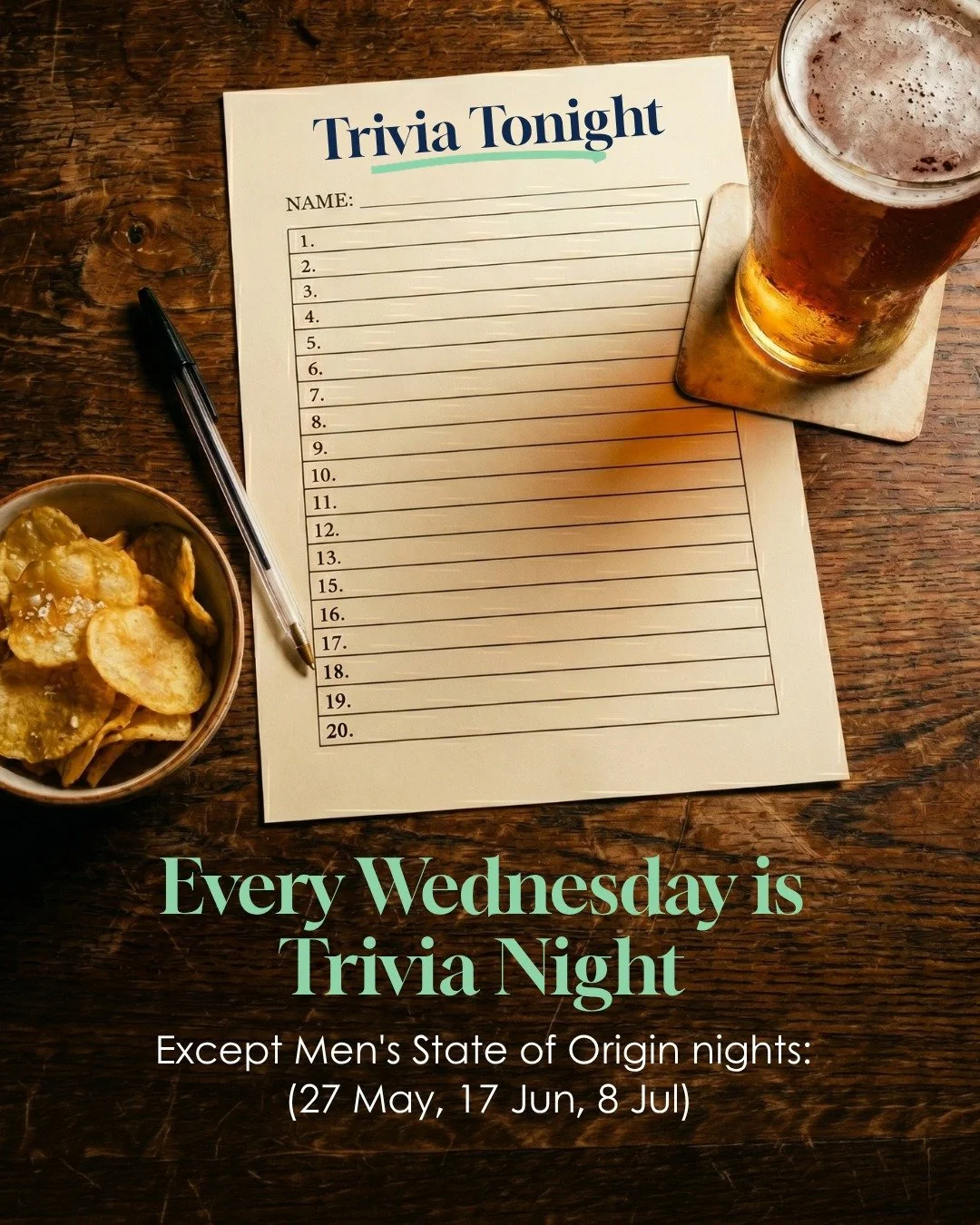 Wednesday nights at #TheSettlersTavern just got a whole lot more interesting. 🧠

Loads of fun, a great crowd and some seriously good prizes up for grabs each week.

🥇 First Prize: $100 cash
🥈 Second Prize: $50 bar and bistro voucher
🥉 Third Prize