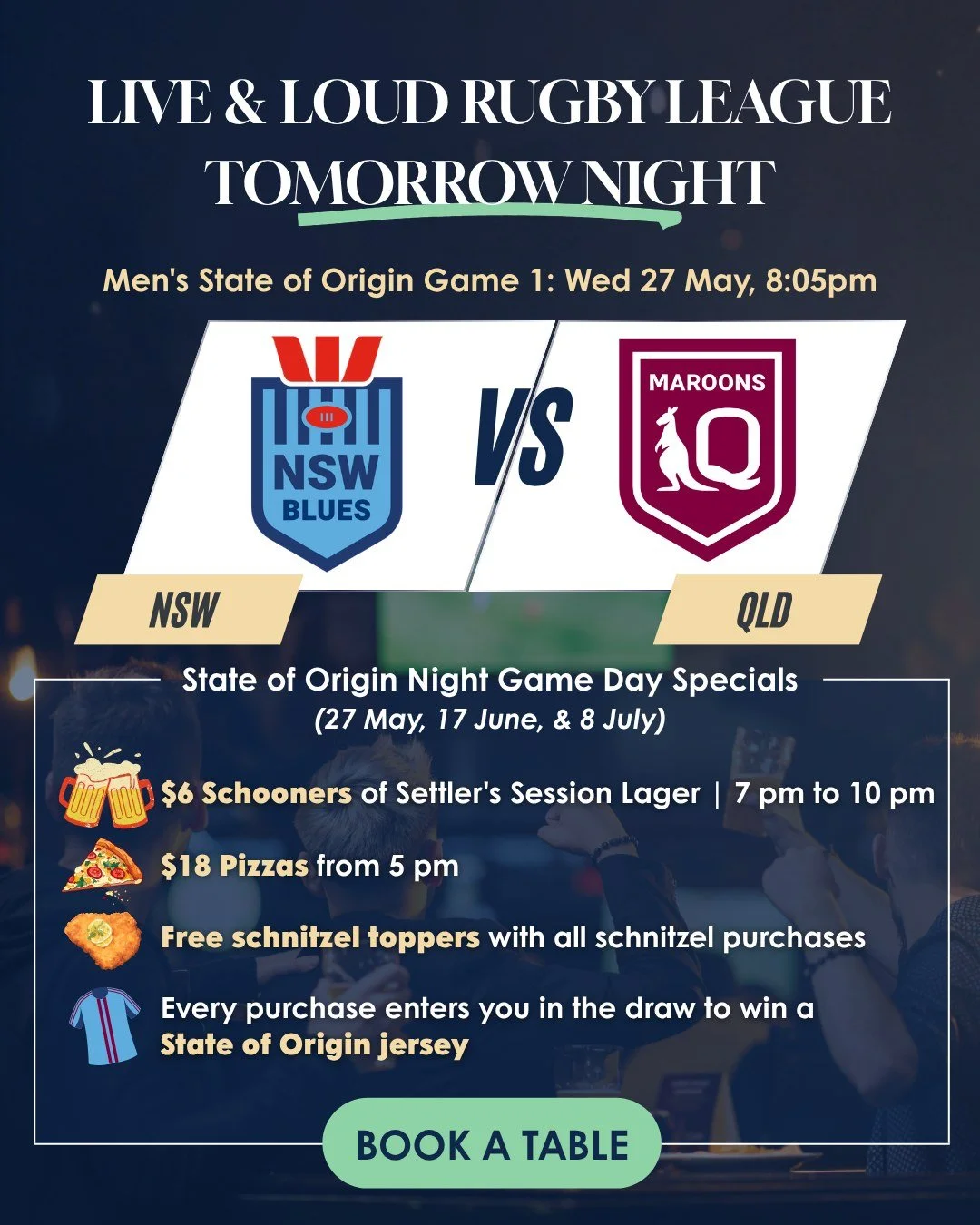 Origin Week is here. And it starts tomorrow night. 💙❤️

Wednesday 27 May: Men's #StateOfOriginGame1.
NSW vs QLD. 8:05 pm.

Thursday 28 May: Women's #StateOfOriginGame3.
QLD vs NSW. 7:45 pm.

Both nights, live and loud on the big screens at #TheSettl