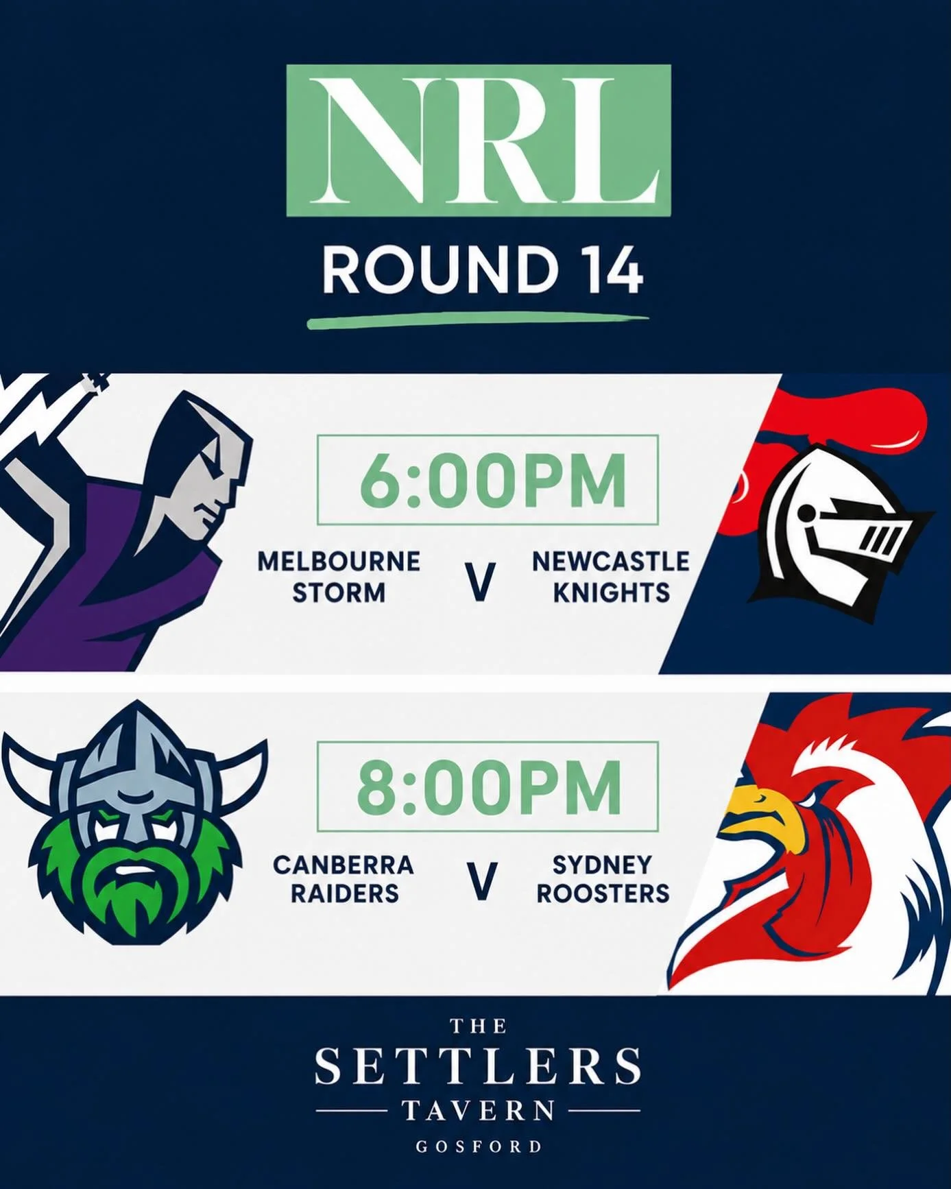 Kick off the long weekend the right way at The Settlers Tavern.

Friday night footy is live and loud, with a huge double header to get things started. 

Settle in from 6pm as Melbourne Storm take on the Newcastle Knights, then stick around for the la