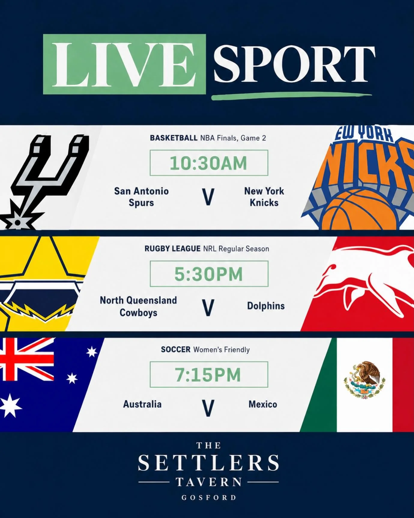 It&rsquo;s a BIG day of LIVE sport at The Settlers 🍻🔥

From the NBA Finals this morning, to NRL action this afternoon, and international soccer tonight &mdash; we&rsquo;ve got the screens on and the atmosphere sorted.

📺 Live &amp; loud
🍔 Kitchen