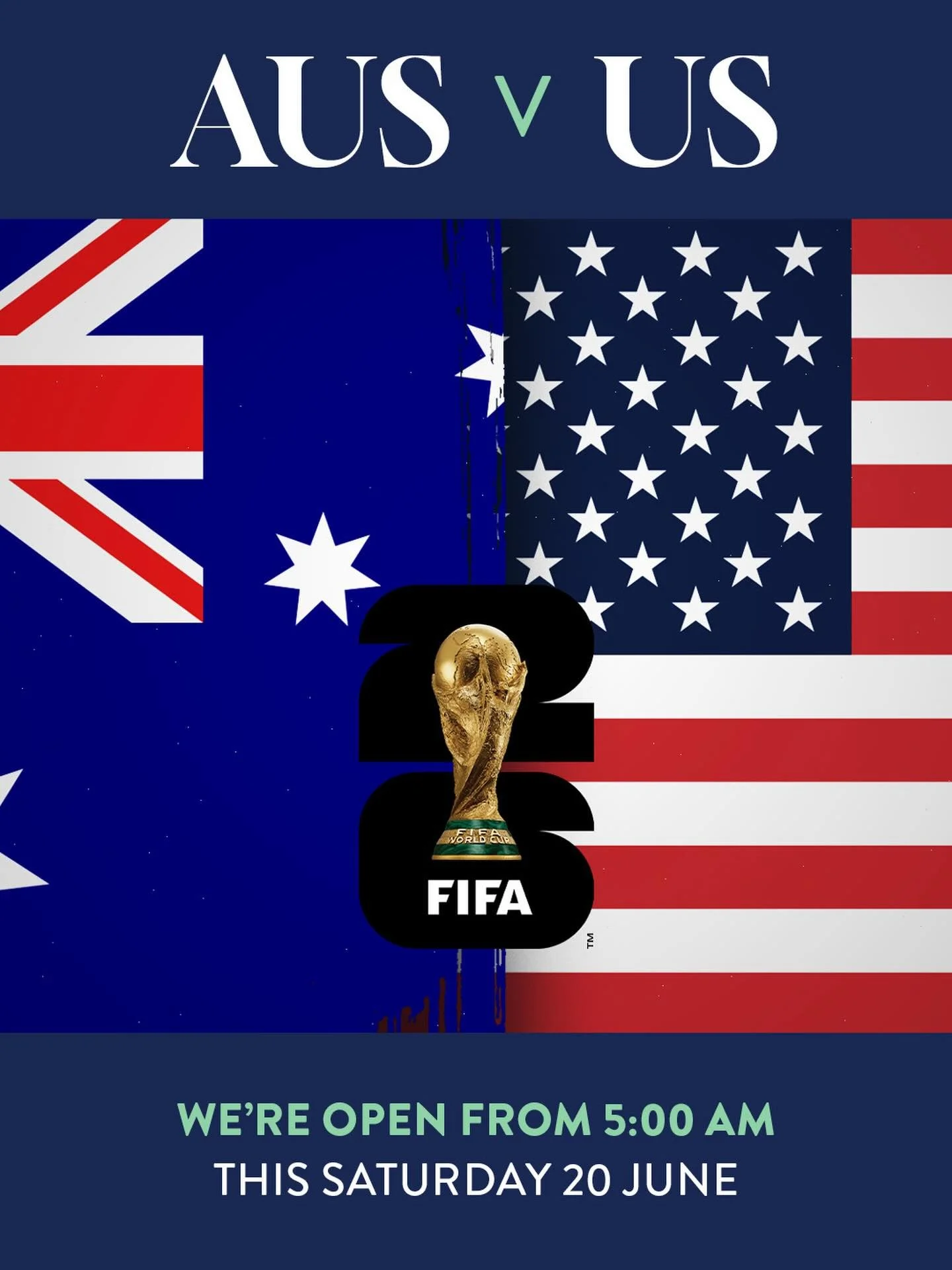 🇦🇺⚽️ EARLY KICK-OFF. BIG SCREEN. BIG ENERGY. ⚽️🇺🇸

We&rsquo;re opening the doors from 5AM this Saturday for the Australia vs USA World Cup clash &mdash; and you&rsquo;re invited.

Set the alarm, round up your mates and watch it live with us!