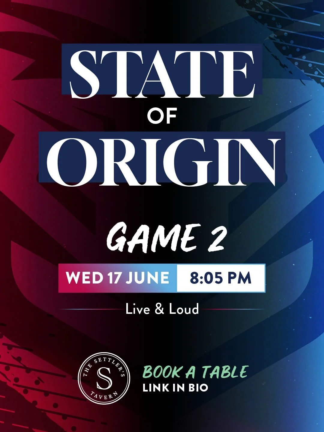 🔥 GAME II 🔥

The Blues and Maroons are going head-to-head again and Settlers Tavern is the only place to be for State of Origin &ndash; Game II.

Big screens. Bigger atmosphere.
And yep &mdash; heaps of food specials firing all night to keep you fu