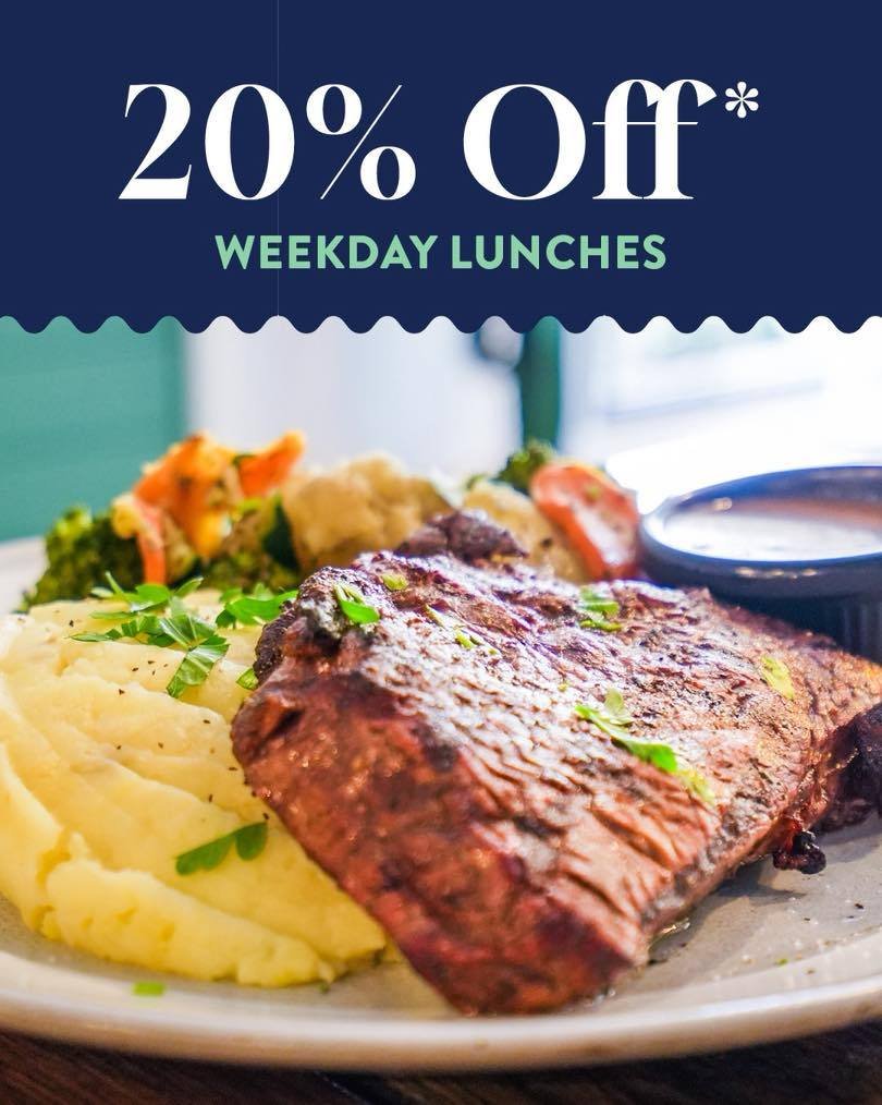 Lunch tastes even better with 20% OFF!

Why settle for a boring lunch when you can enjoy your favourite pub classics for less?

Join us Monday to Friday from 11:30am&ndash;2:30pm and receive 20% OFF the entire menu*.

Whether you're in the mood for a