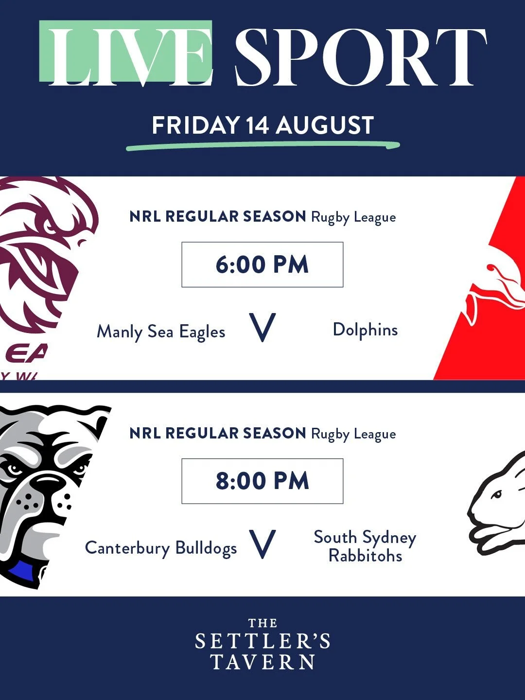 HUGE WEEKEND OF SPORT!

The NRL is LIVE &amp; LOUD on our BIG SCREEN all weekend!

Get your crew together, grab a cold one and settle in for all the action as the NRL heats up &mdash; plus UFC LIVE &amp; LOUD Sunday from 11am for the ultimate fight-n