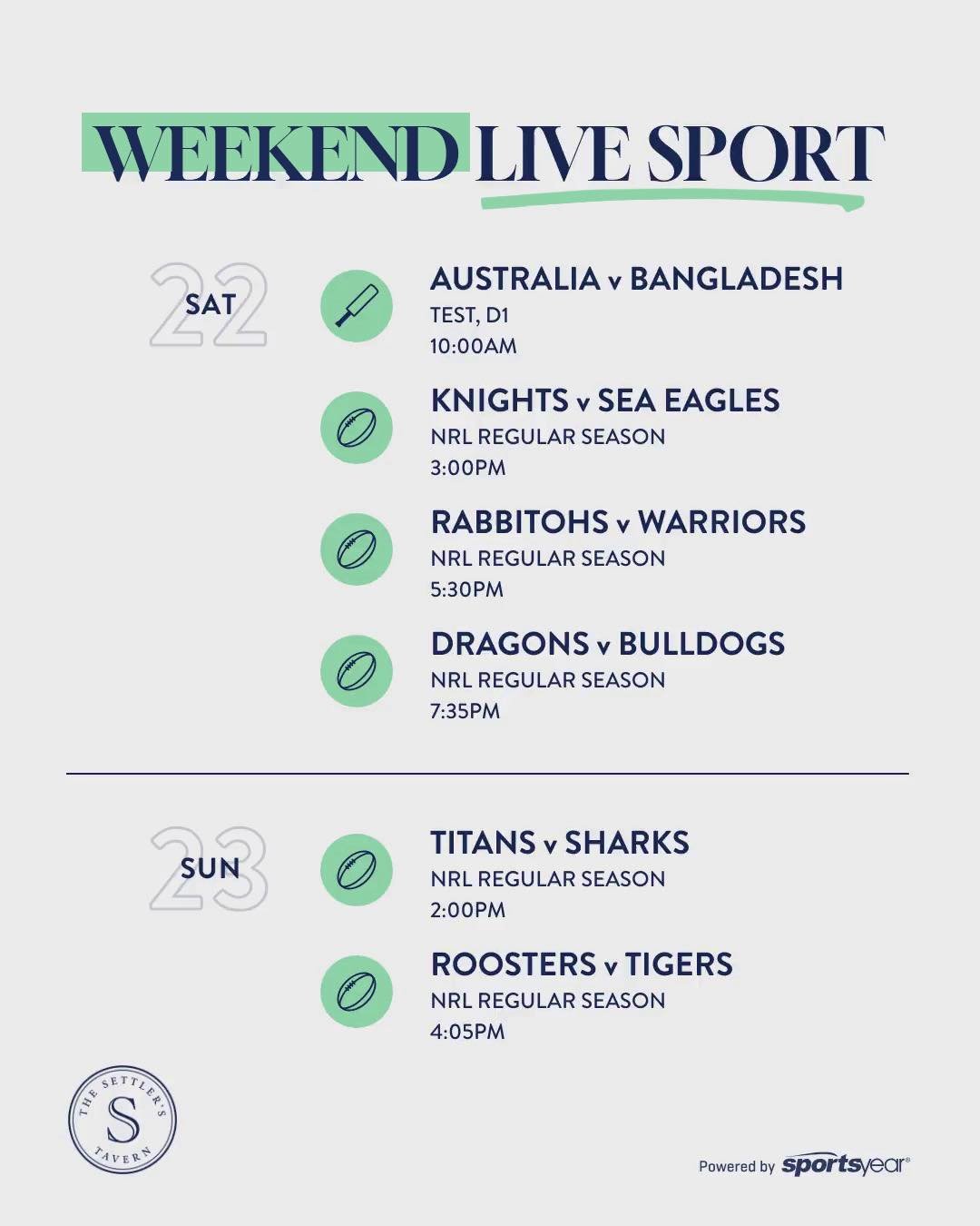 Weekend sport is sorted. 🏉🏏

Catch the action live at Settlers Tavern this Saturday and Sunday, including Australia v Bangladesh in the Test and a full line-up of NRL.

Grab your mates, grab a drink and settle in for the footy.