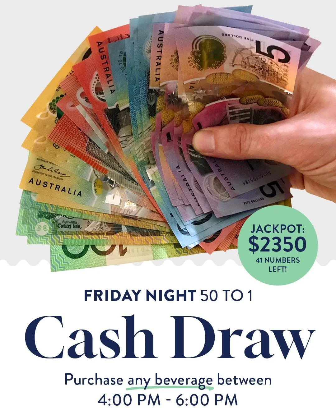 💰 THE 50 TO 1 CASH DRAW IS NOW AT $2,350!

The jackpot keeps growing &mdash; and we&rsquo;re down to 41 numbers! 👀

Grab a drink between 4pm &amp; 6pm to get your entry ticket, then stick around for the draw.

🎯 Pick a number from 1&ndash;50
💰 Ma