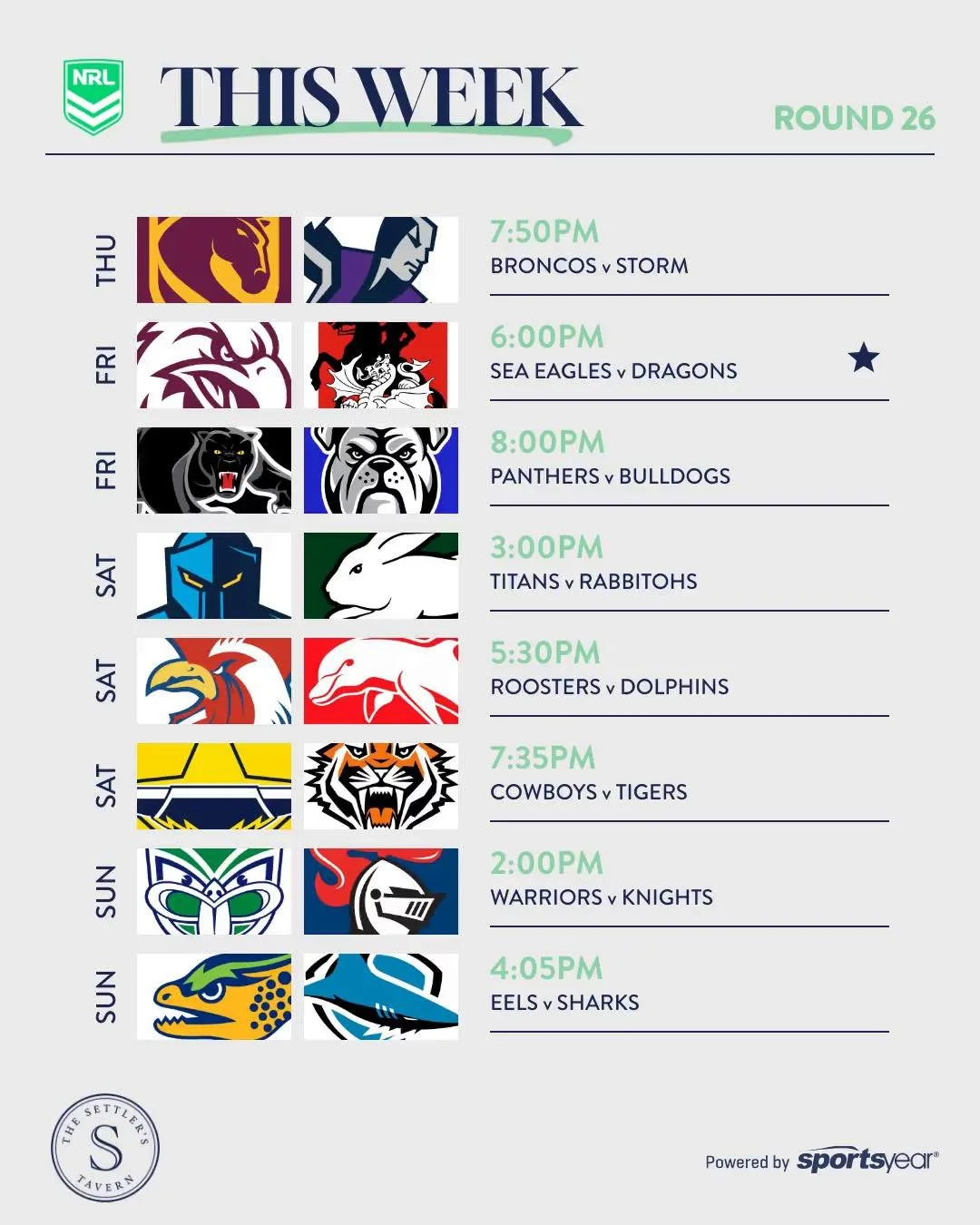 🏉 ROUND 26 IS HERE!

The NRL season is heading towards the finish line, and there&rsquo;s plenty of footy to catch this weekend! 🔥

From Broncos v Storm on Thursday night through to Eels v Sharks on Sunday, we&rsquo;ve got the big games covered.

C