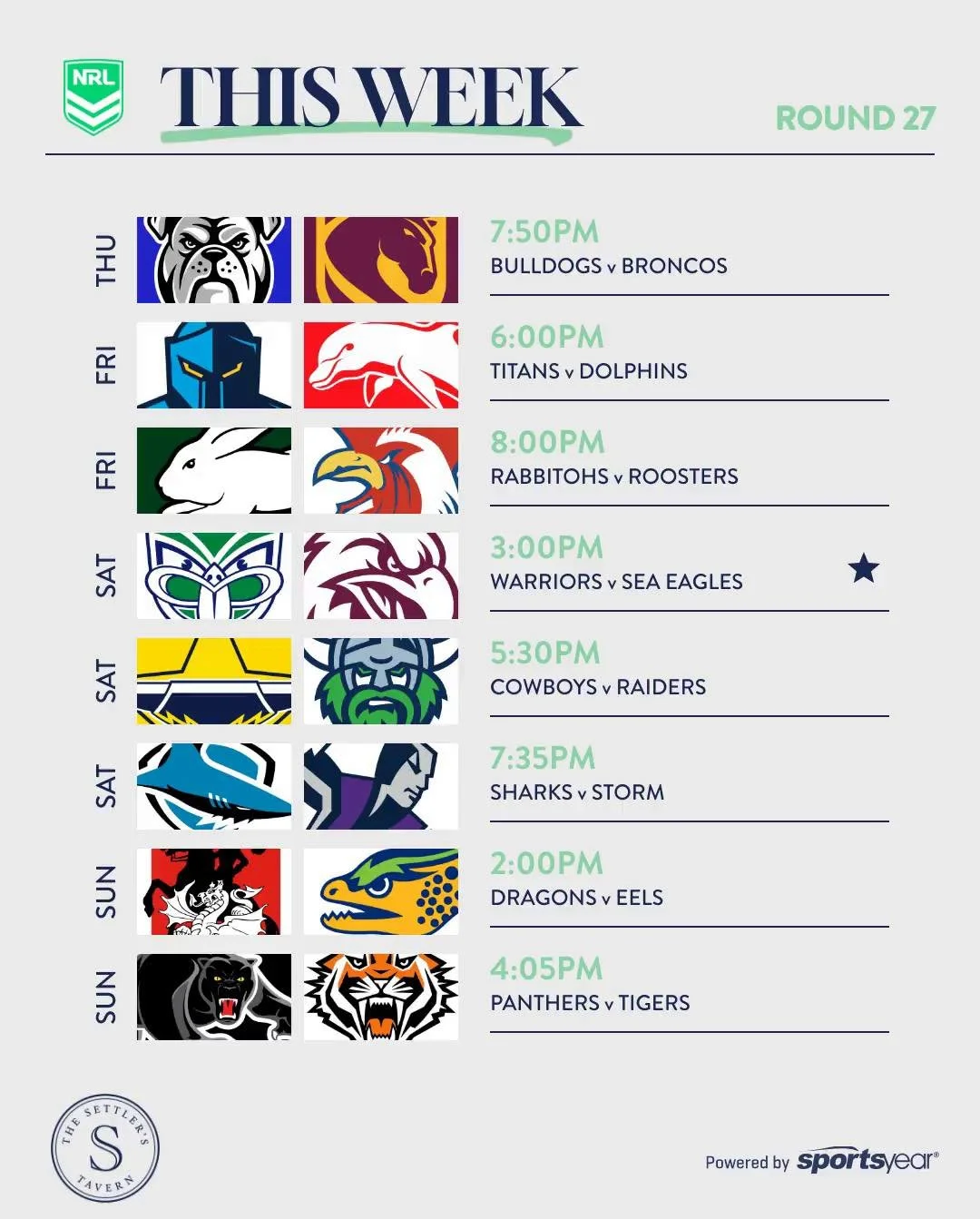 🏉🏆🏁 THE BIG SPORTING WEEKEND IS HERE!

It&rsquo;s a massive one for sports fans, with plenty of action across the weekend! 🍻📺

🏉 NRL &ndash; FINAL ROUND
Manly take on the Warriors in Auckland on Sunday afternoon as the regular season comes to a