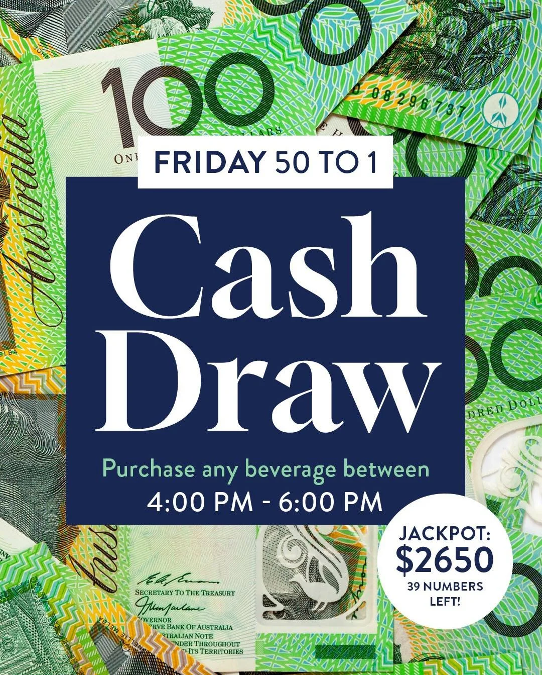 💰 $2,650 IS UP FOR GRABS TONIGHT! 💰

The Settlers 50 to 1 Cash Draw has JACKPOTTED again &mdash; and tonight&rsquo;s jackpot is a massive $2,650! 🔥

There are now just 29 numbers left, so your chances are getting better every week!

🍺 Buy any dri