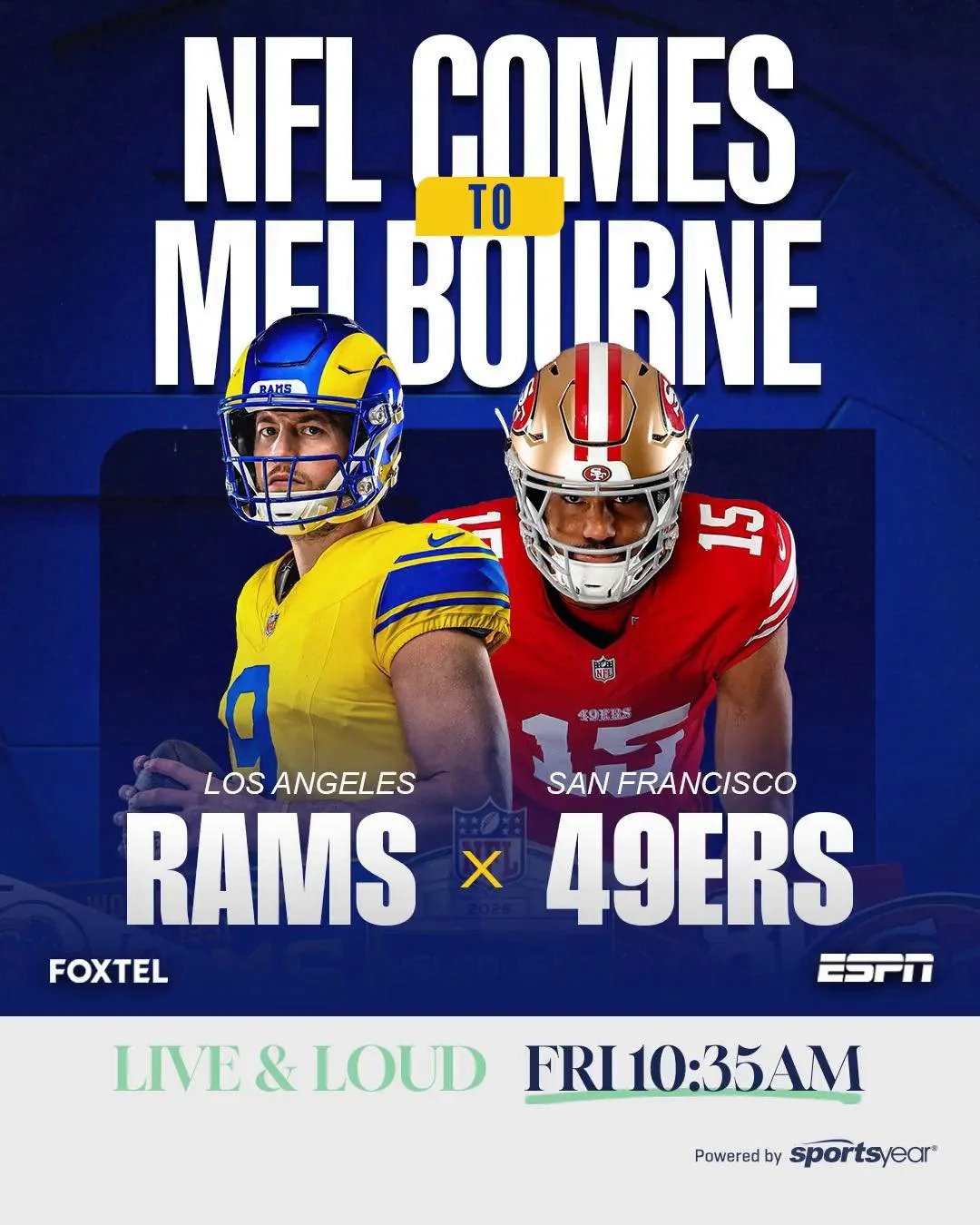🏈 NFL IS COMING TO THE MCG! 🇺🇸🇦🇺

History is being made this Friday morning as the Los Angeles Rams take on the San Francisco 49ers in the first-ever NFL regular-season game played in Australia! 🏈🔥

Catch all the action LIVE on our big screen!