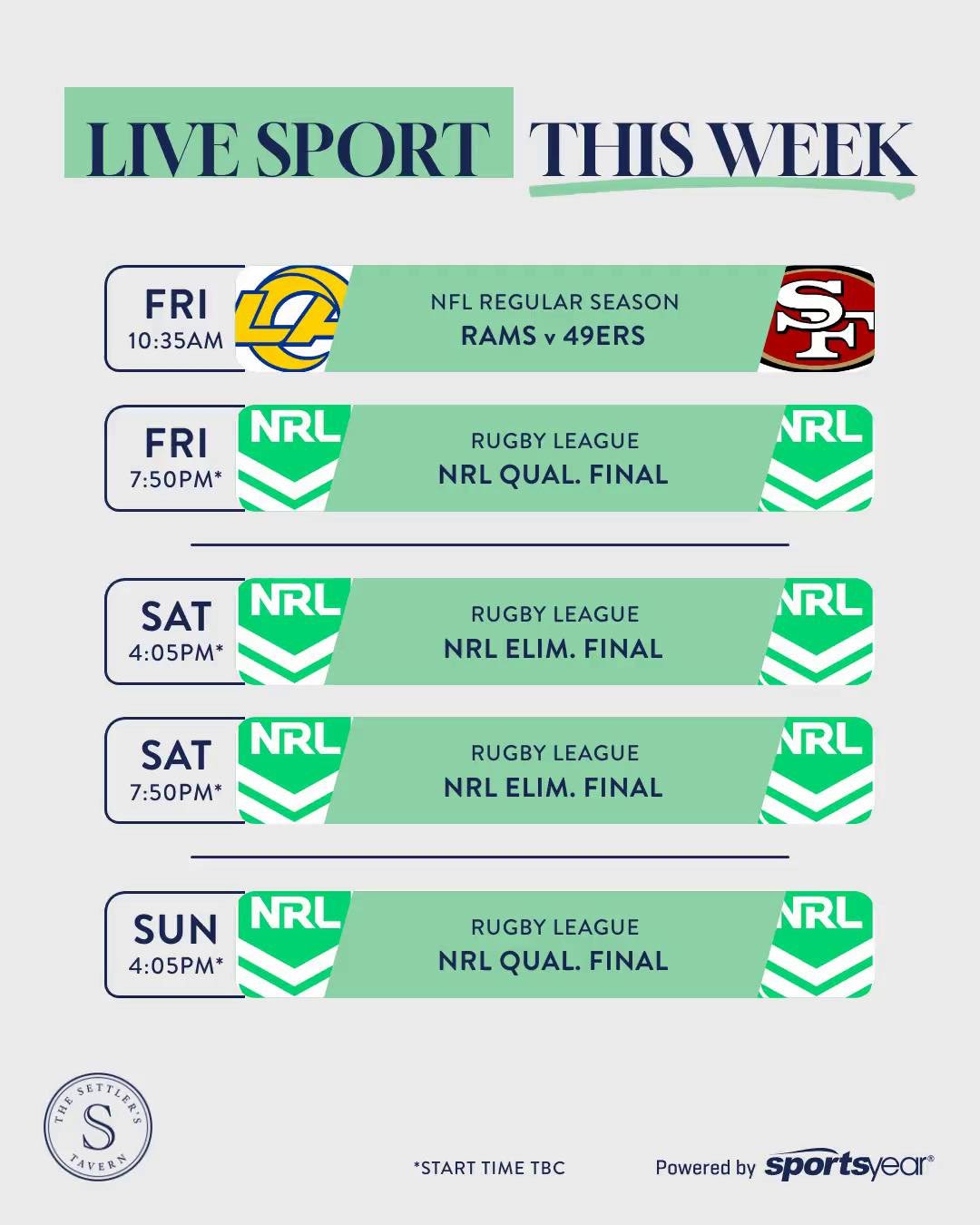 🏉🏈 LIVE SPORT THIS WEEK! 🏈🏉

The weekend is packed with big games! Catch all the action LIVE on our BIG SCREENS

🇺🇸 FRIDAY | 10:35AM
🏈 NFL Regular Season &mdash; Rams v 49ers
The first-ever regular season NFL game played in Australia!

🏉 FRID