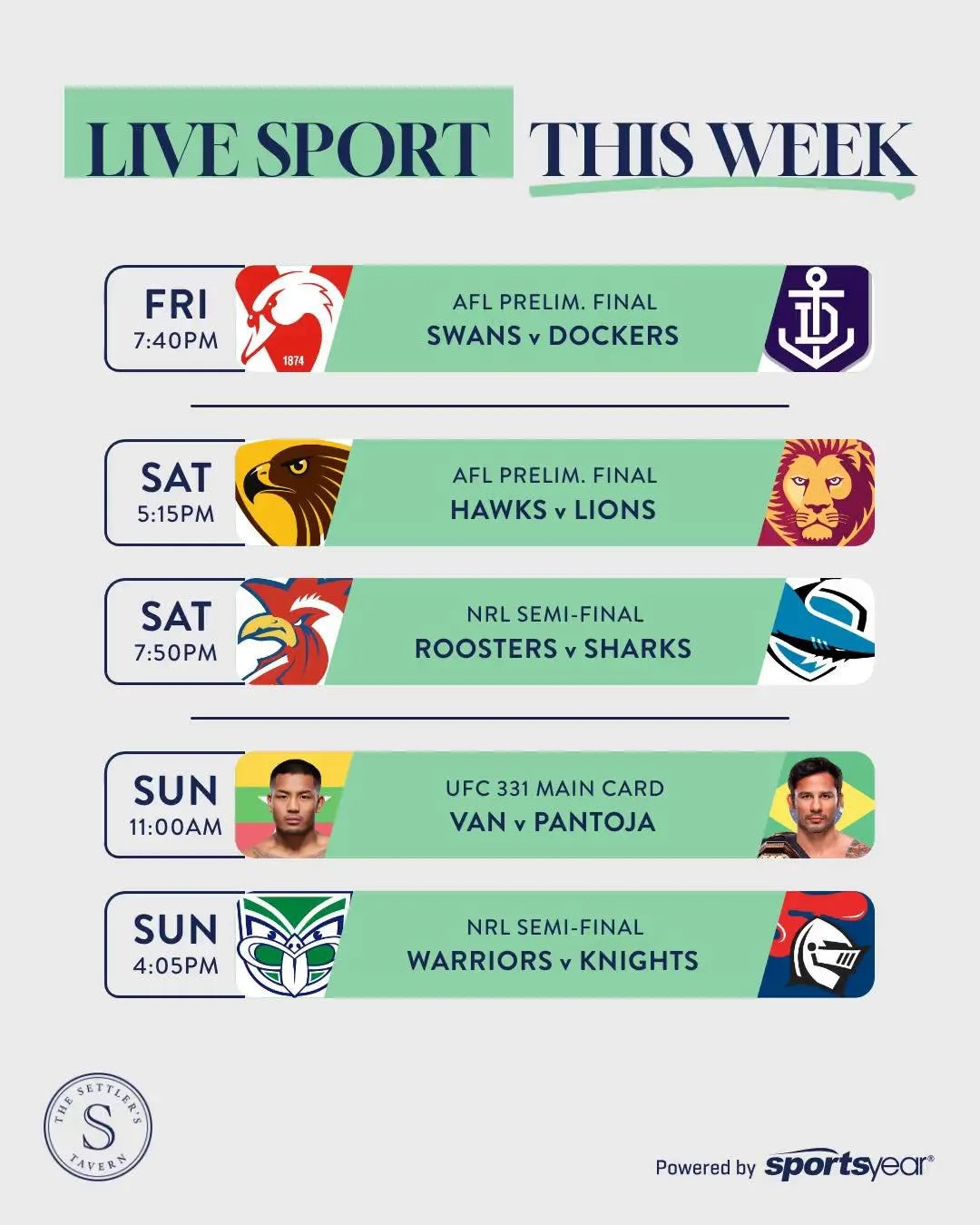 🏉 LIVE SPORT THIS WEEK!

Footy finals and UFC action &mdash; we've got your sporting fix sorted!

🔥 AFL FINALS 🏉
The race for the premiership heats up! Catch all the action live on the big screens.

💪 NRL FINALS
The battle for the trophy continue