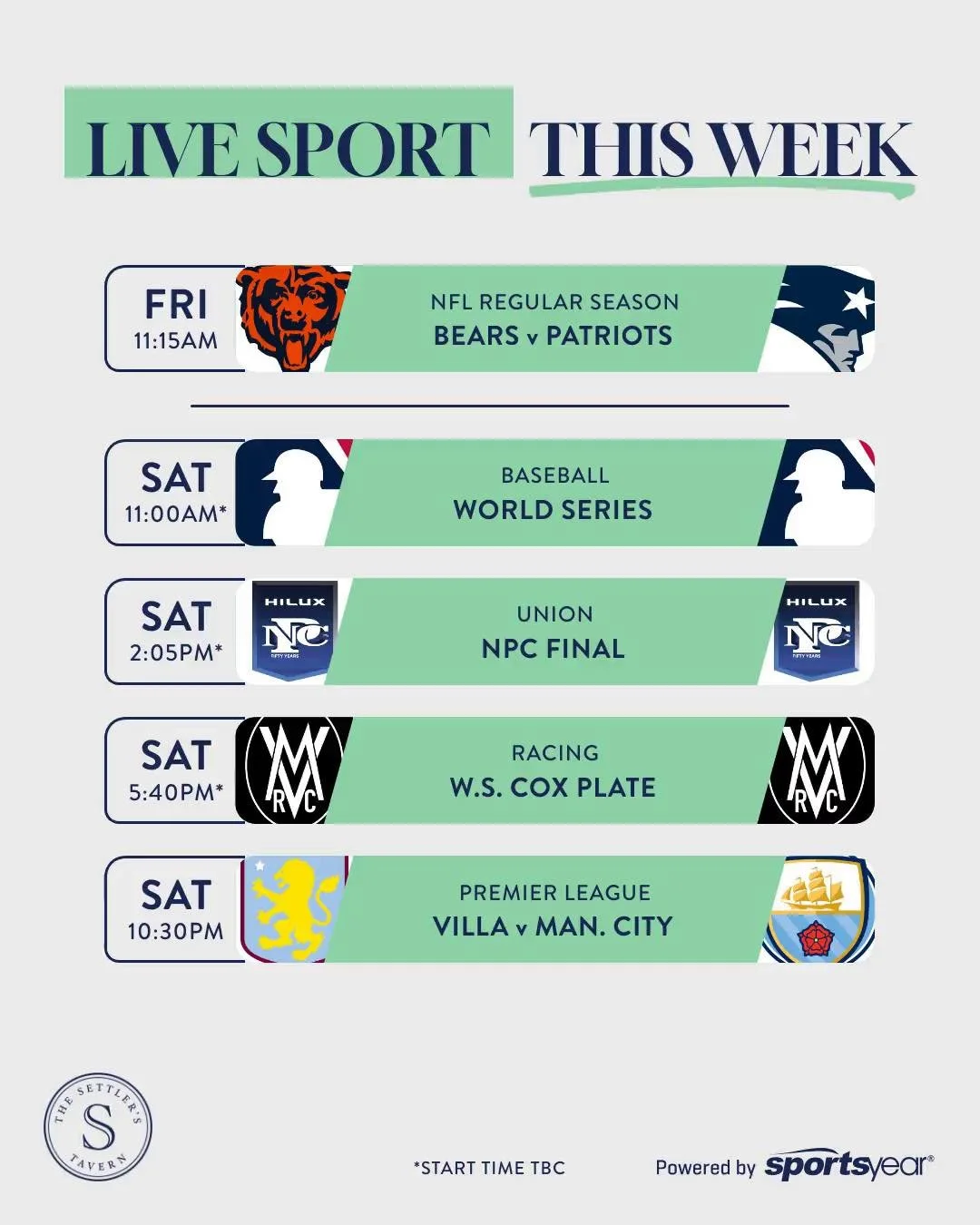 It&rsquo;s another big week of sport at Settlers! 🏈🏉🏇⚽

From the NFL and World Series to the NPC Final, W.S. Cox Plate and Premier League clash between Villa and Man City, there&rsquo;s plenty to get stuck into this week.

Catch all the action on 