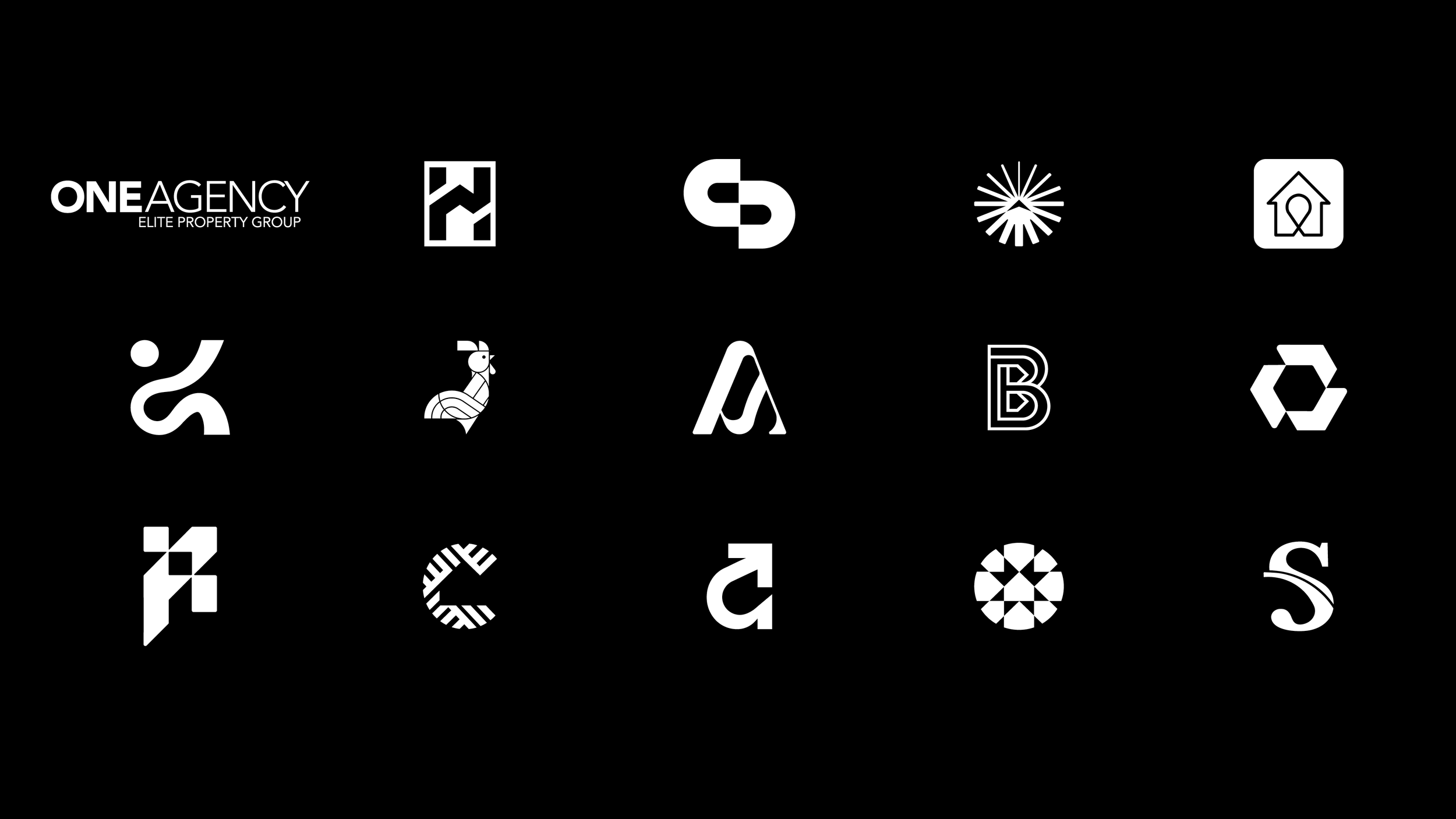 Collection of 16 black and white icons on a black background, including logos, abstract shapes, animals, and symbols. Logo design.