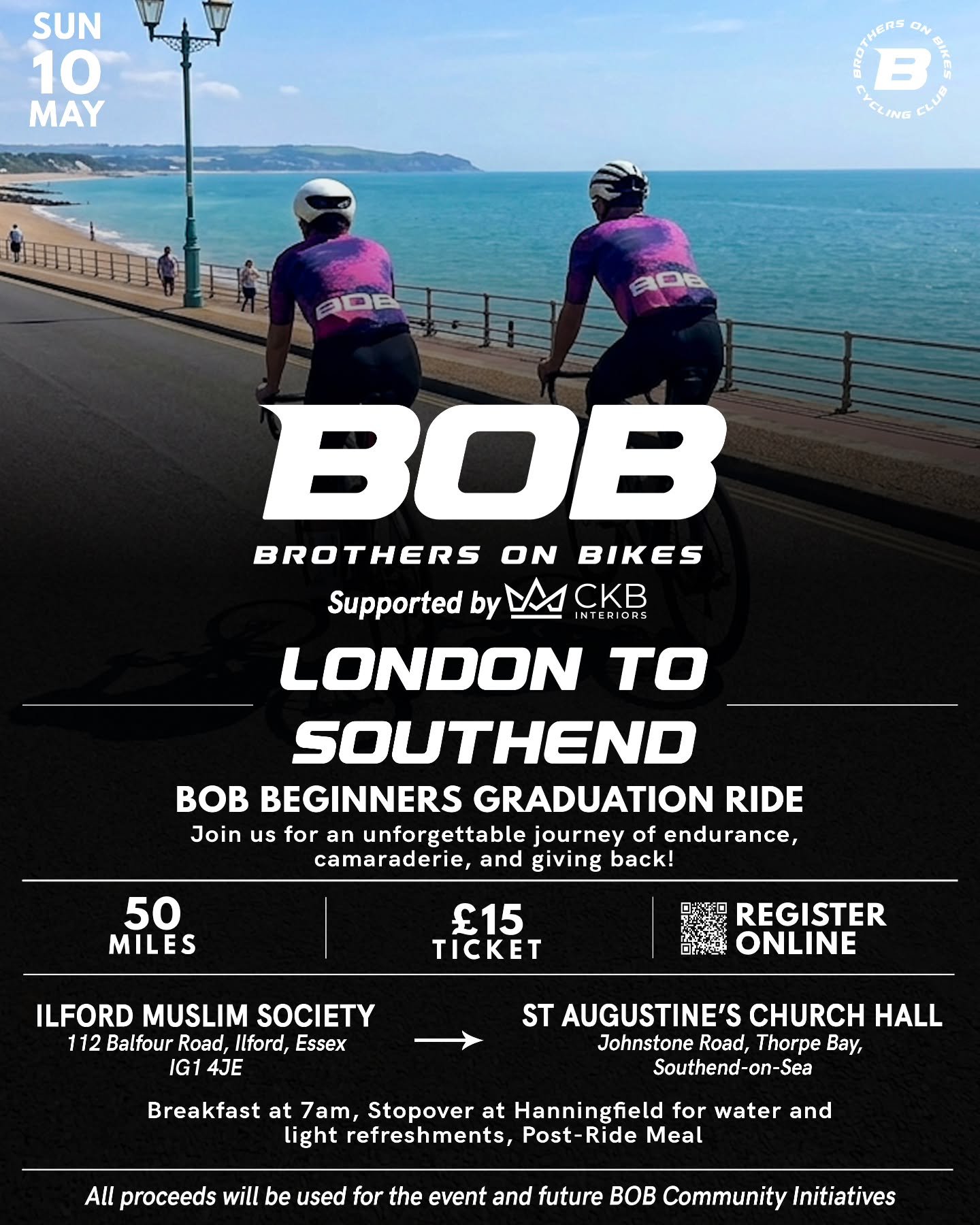🚴&zwj;♂️ Brothers on Bikes: London to Southend Graduation Ride

Sunday 10th May

Celebrate an incredible milestone with us as our Beginner Series riders take on their biggest challenge yet &mdash; a 50-mile journey from Ilford to Southend-on-Sea.

T