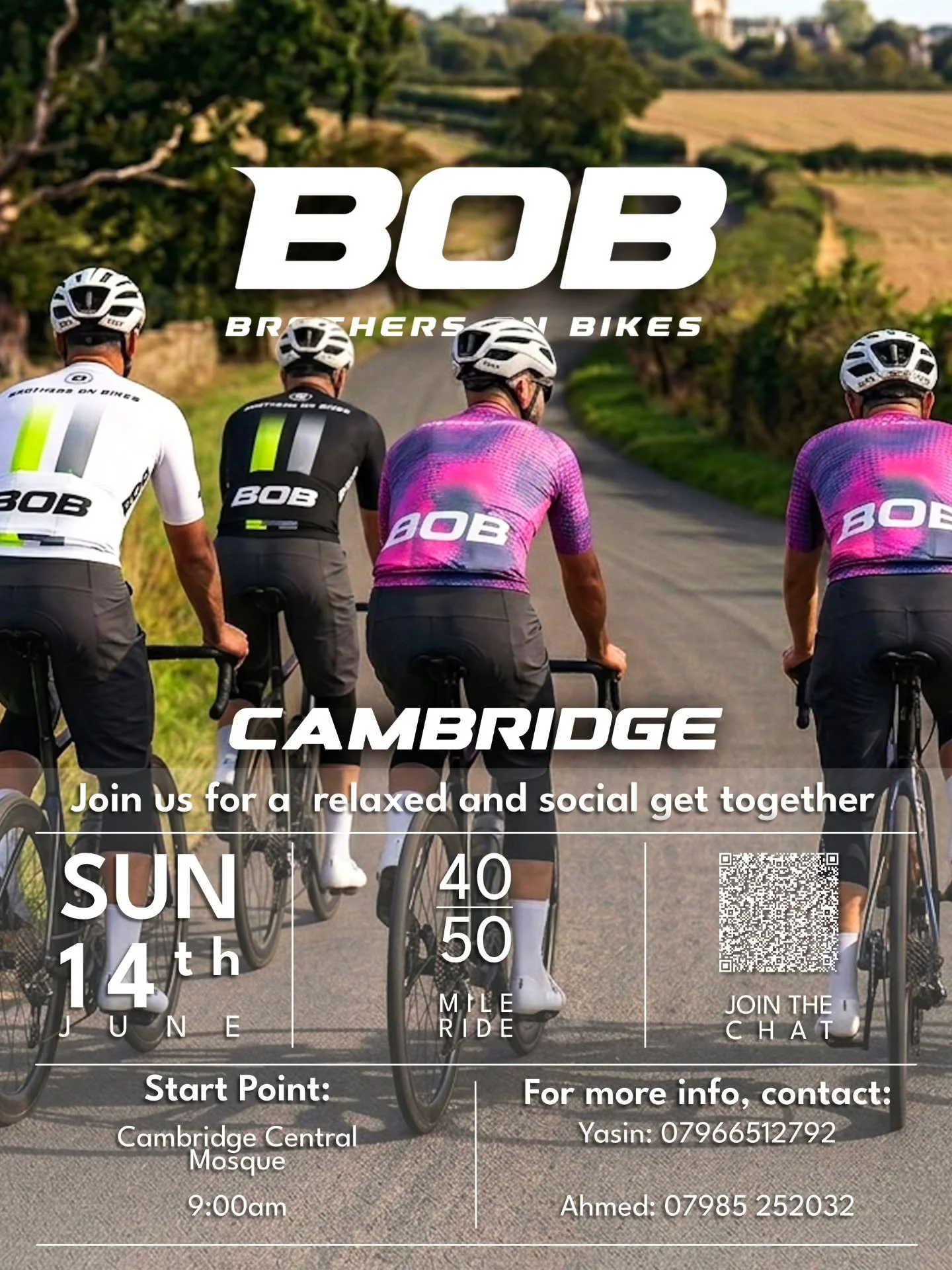 🚴&zwj;♂️ BOB Cambridge Ride 2026
Sunday 14th June 09:30

Join us for a relaxed and social BoB ride in Cambridge this June &mdash; a great opportunity to come together, explore new roads, and enjoy quality time as a group.

This ride is all about con