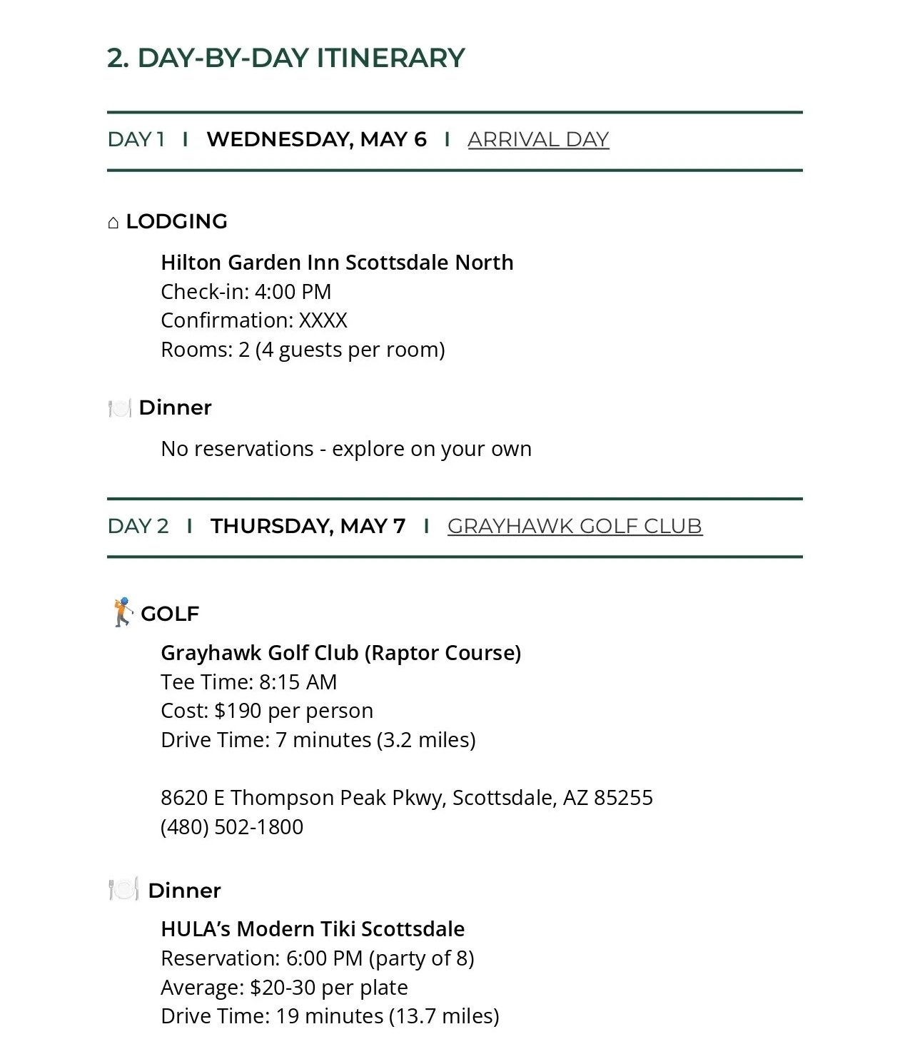 A detailed travel itinerary showing plans for May 6 and May 7, including hotel check-in at Hilton Garden Inn Scottsdale North, golf at Grayhawk Golf Club, and dinner at HULA’s Modern Tiki Scottsdale.